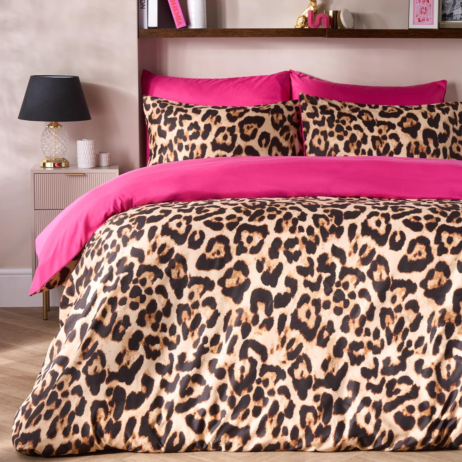 OHS Leopard Print Bedding King Size Duvet Cover Set Reversible, Super Soft Cosy Warm Microfibre Leopard Modern Quilt Cover Set with Pillowcases, Natural/Hot Pink