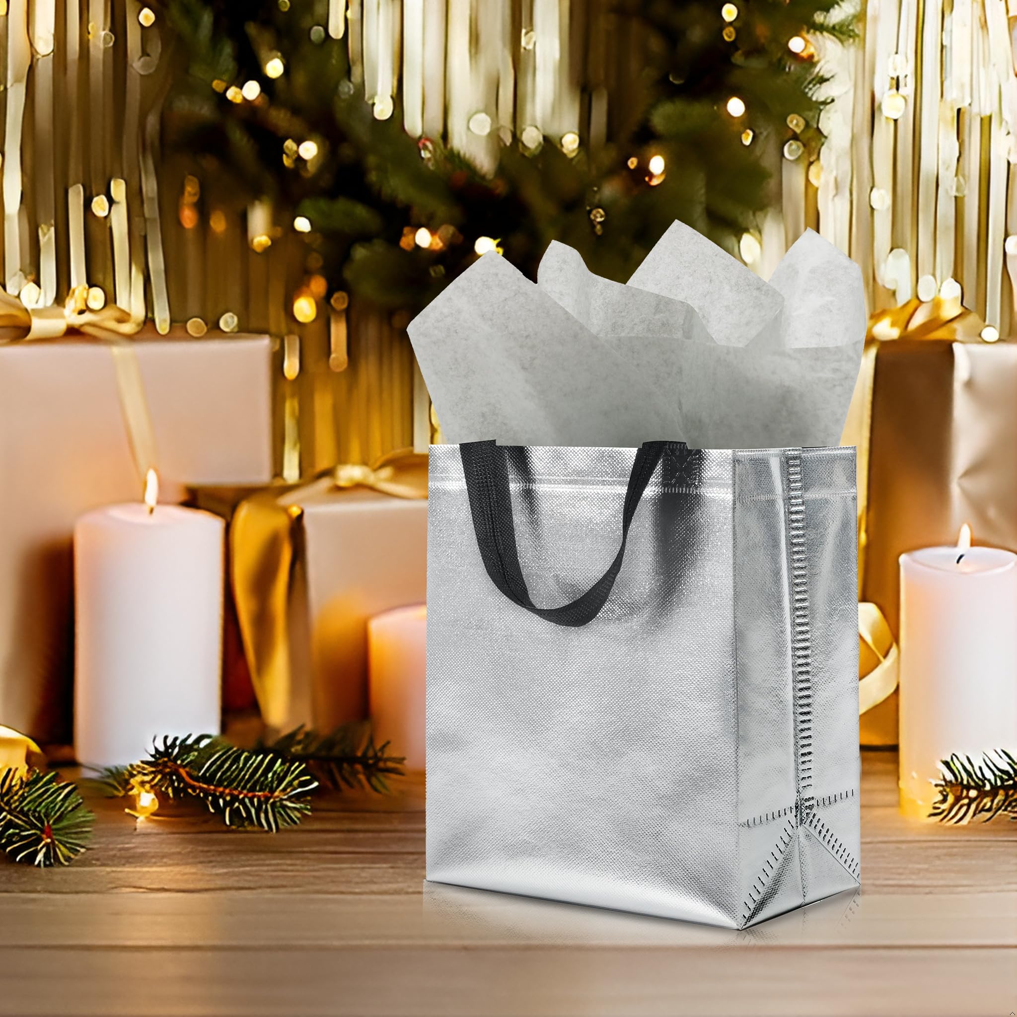 KeerxunBag 12pcs Reusable Gift Bags（Includes Tissue Paper） Gift bag with handle Birthdays Parties Holidays Weddings Medium 10x4x8in silver Gift Bags