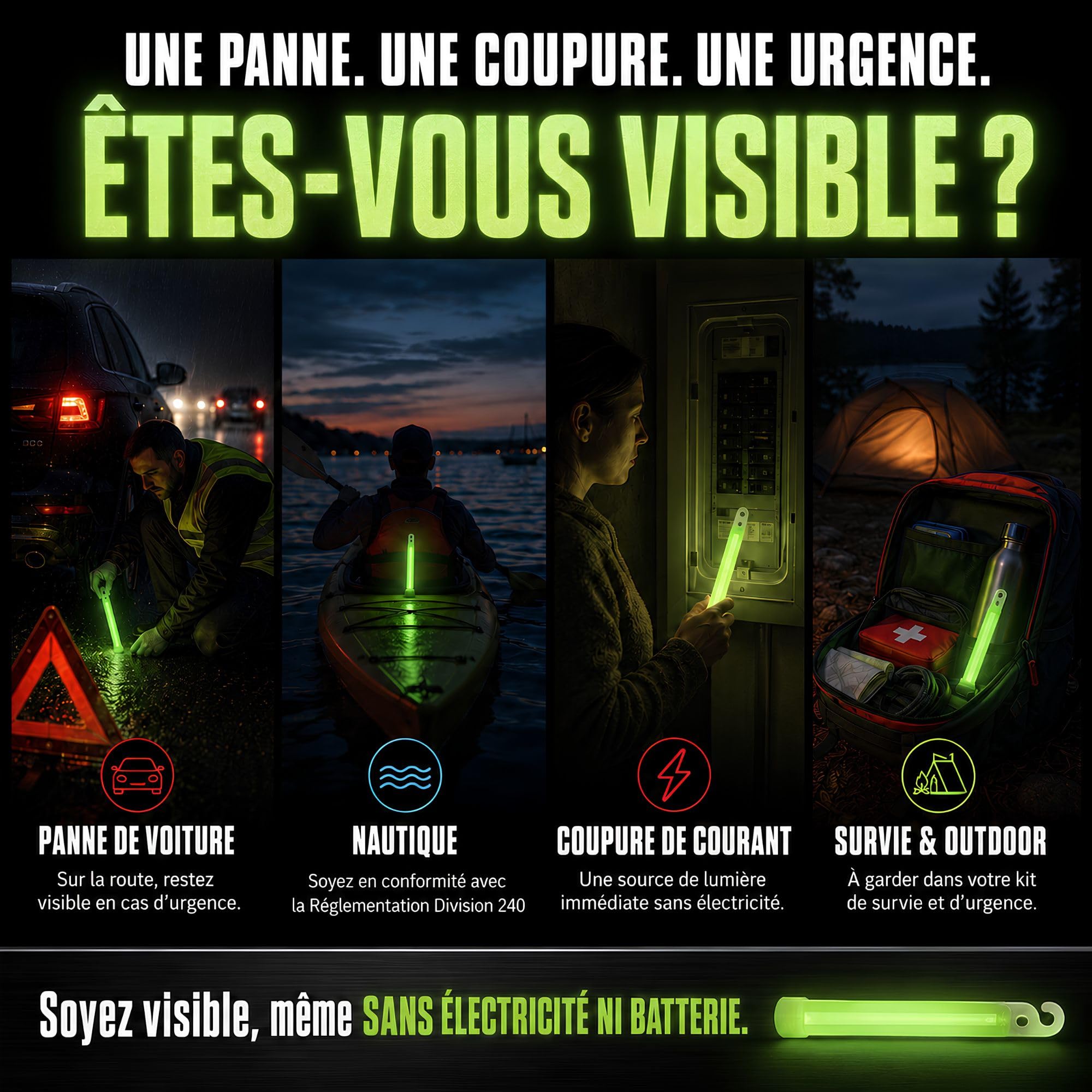 Bâton Lumineux Vert Cyalume Snaplight, Survie 15cm 12 heures 10 pièces | Qualité Militaire, Reach, Made in France, Survie Outdoor Nautique, Ni pile ni batterie, Sans toxiques, Eclairage Urgence