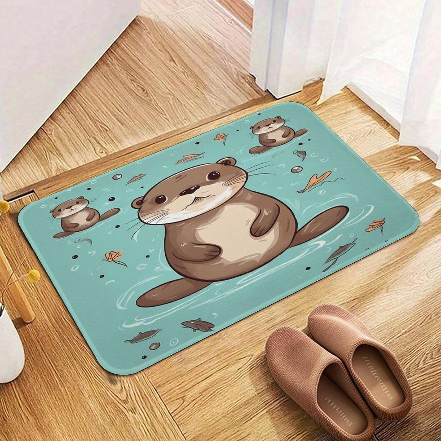 Cartoon Cute Otter Front Door Mat for Home Decor Outdoor Indoor Entrance Door Mat Non-Slip Outside Doormat Washable Kitchen Rug Crystal Velvet Welcome Mats Soft Small Area Rug