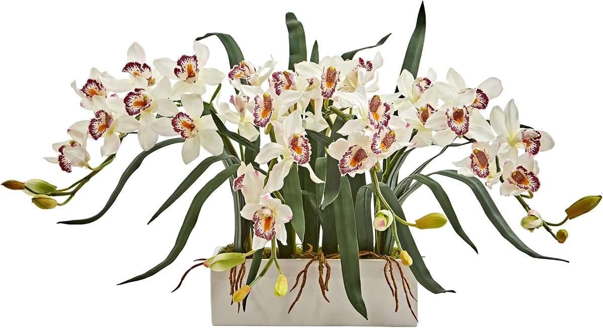 Cymbidium Artificial Arrangement in White Vase