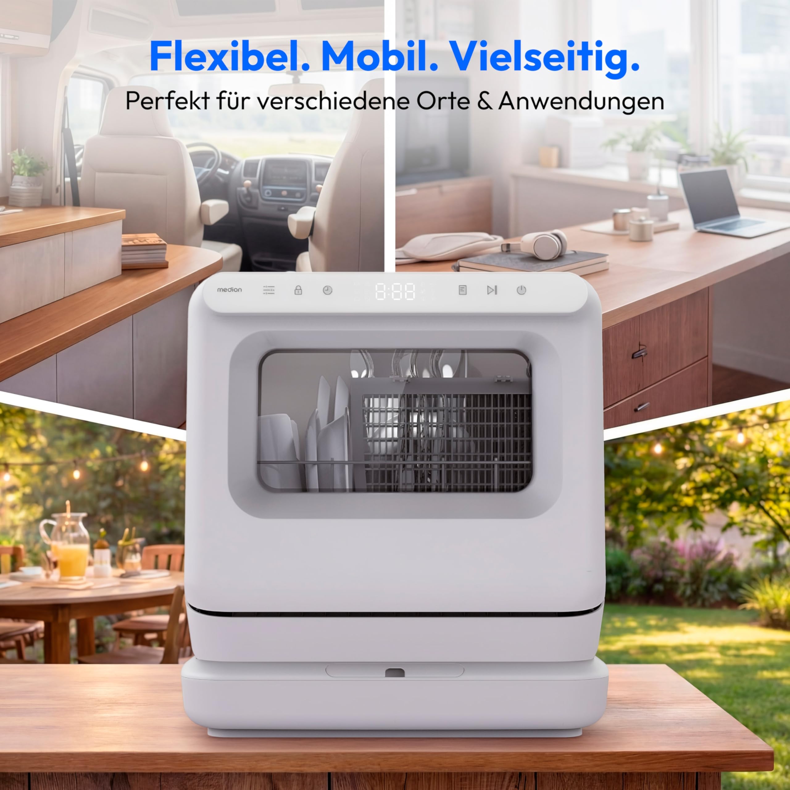 MEDION Mini Geschirrspüler DWT30 3 Maßgedecke 3in1 Tischgeschirrspüler 6 Programme UV-Licht freistehend