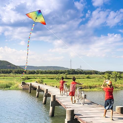 Miniatura 37 de HONBO Cometa Delta grande para niños y adultos, extremadamente fácil de volar para viajes a la playa, línea de cuerda incluida, con cola colorida