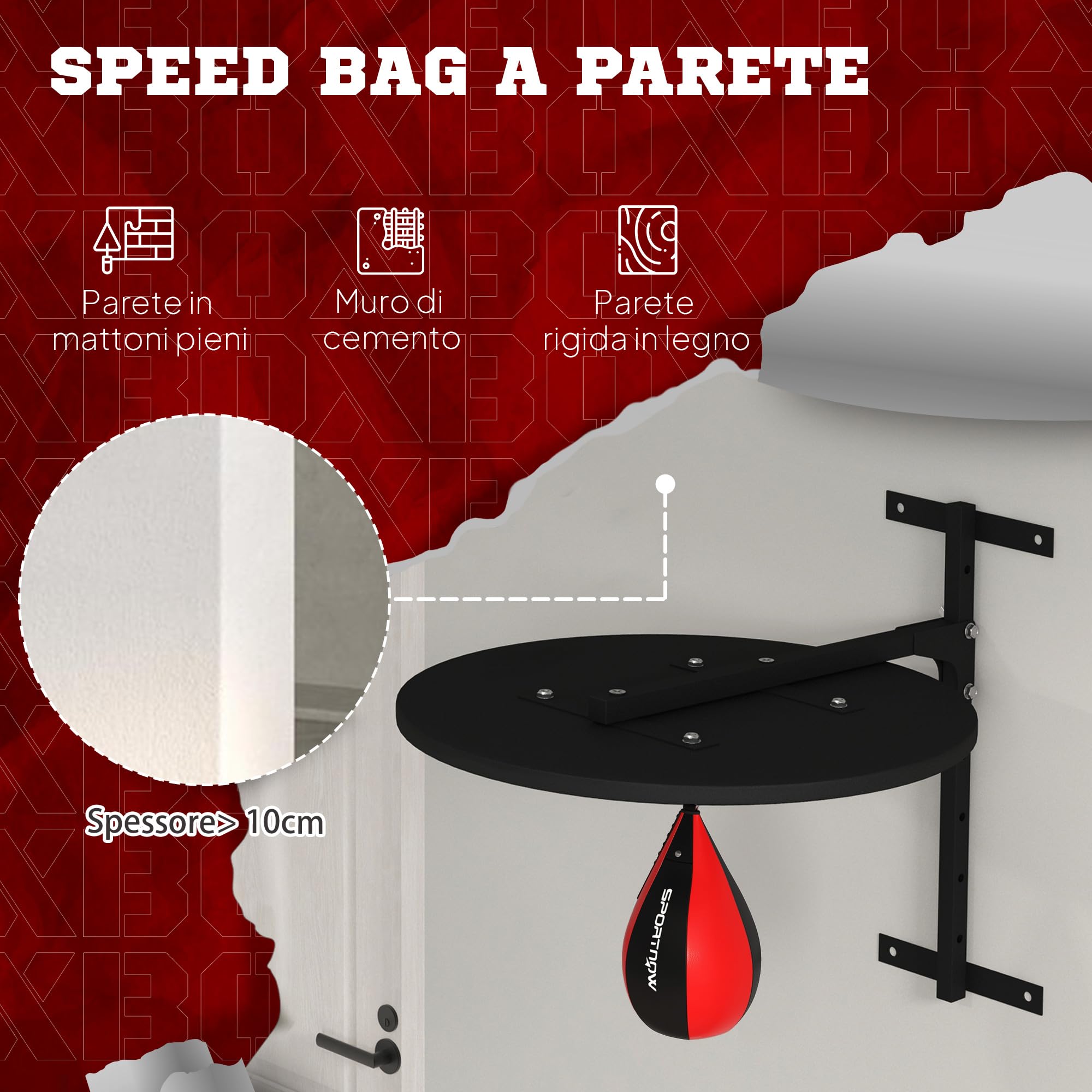 SPORTNOW Punching Ball a Muro, Speed Bag Girevole a 360° e Regolabile su 7 Livelli di Altezza, Palla da Boxe con Pompa Inclusa, per Casa, Palestra, Allenamento, Nero e Rosso