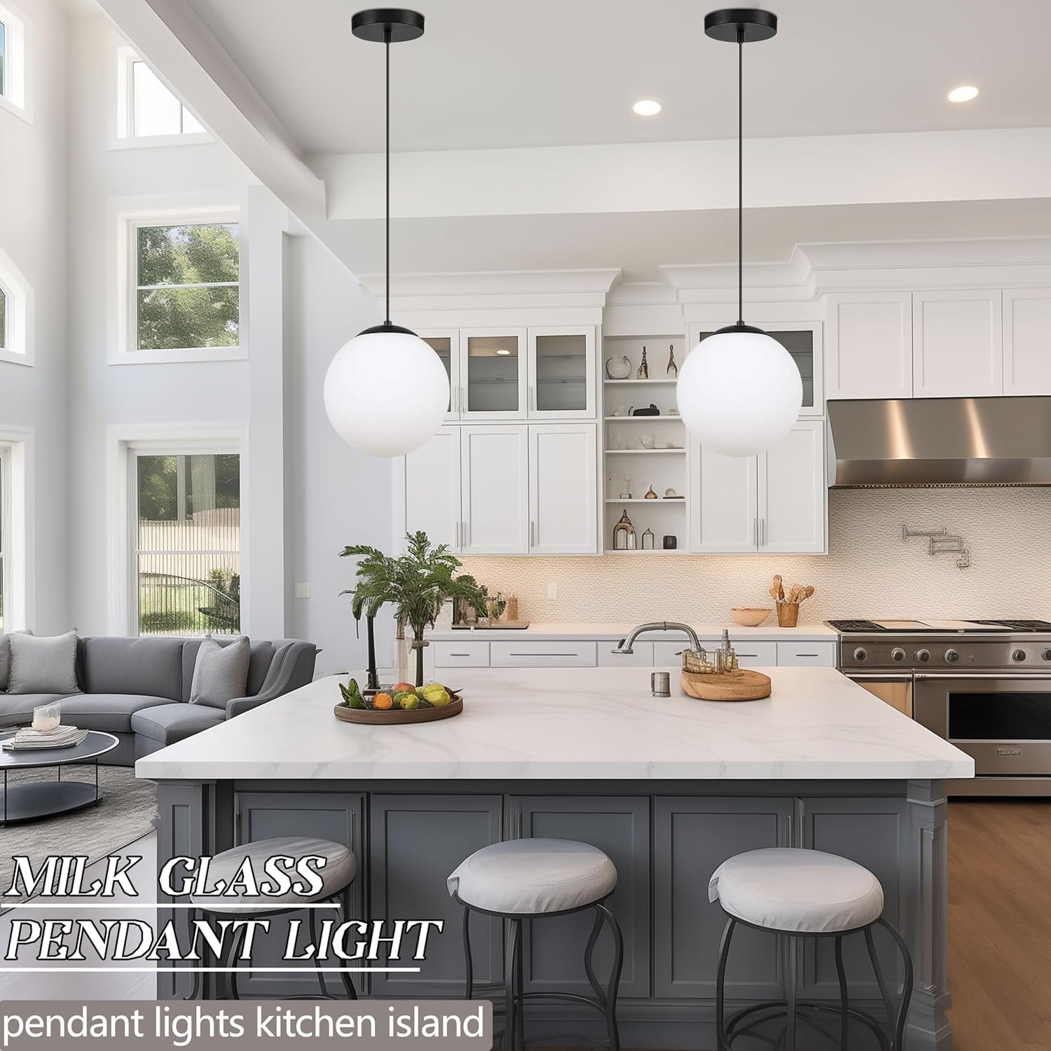 KoKo&Yukina 8-inch Globe Pendant Lighting for Kitchen Island Mid Century Modern Hanging Light Fixture with Milk Glass Globe Glass Black Industrial Hanging Ceiling Lights for Sink Bathroom Entryway