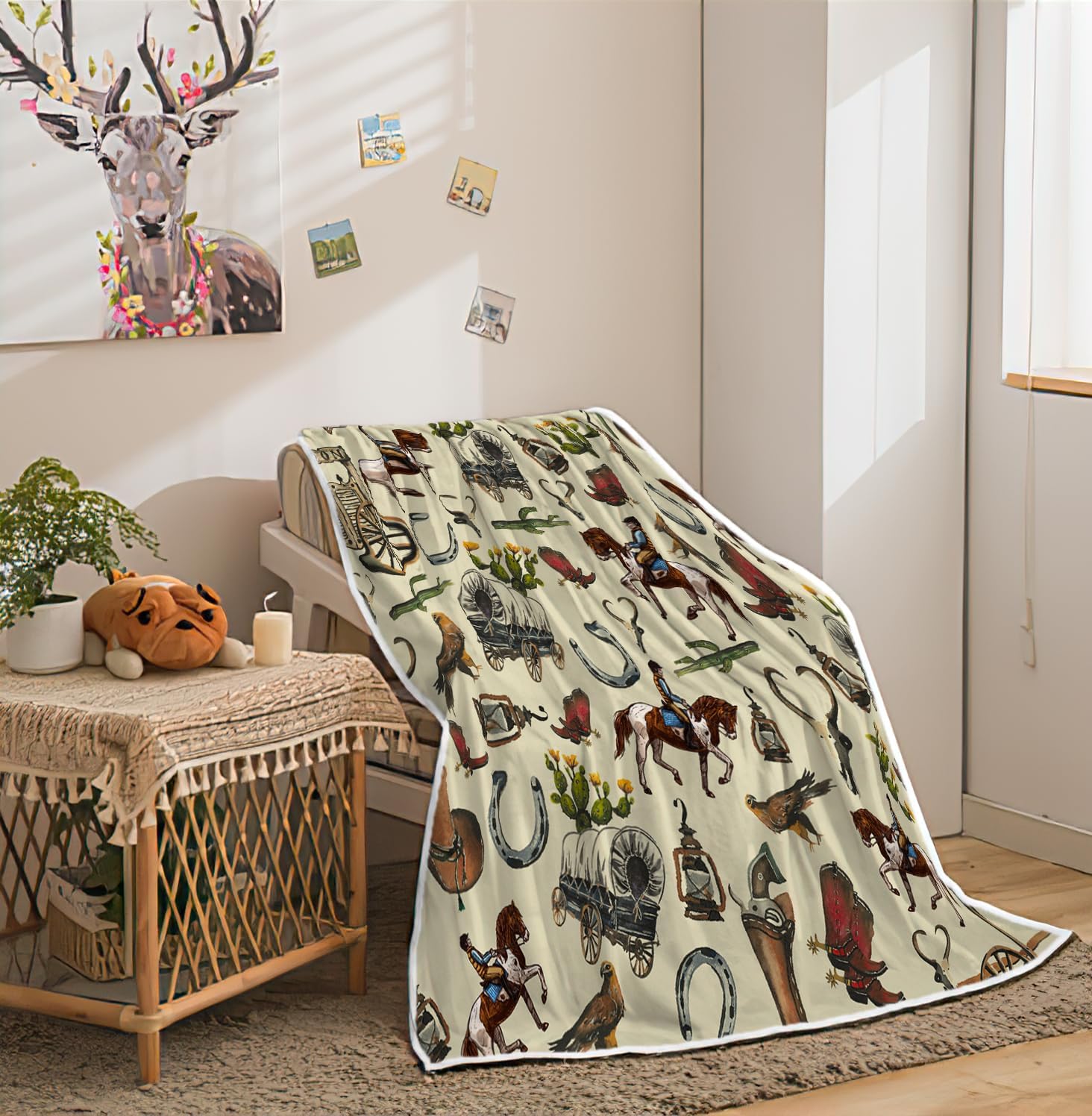 Western Cowboy Throw Blanket,Wild West Cowboy Ride Horse and Desert Cactus Fleece Blanket,Retro American West World Soft Flannel Throw Blanket for Chair Bed Sofa Couch