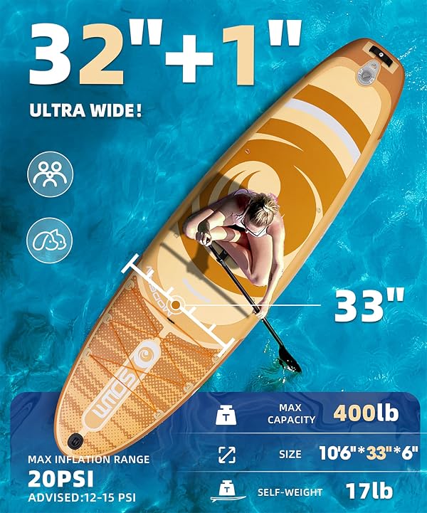SOWM Inflatable Paddle Boards with Sup Accessories, Stand Up Paddle Board for Adults Youth of All-Round, 10'6"*33''*6" Extra Wide & No-Slip Sup for Yoga Fishing Yellow by SOWM - Used condition - Image 2