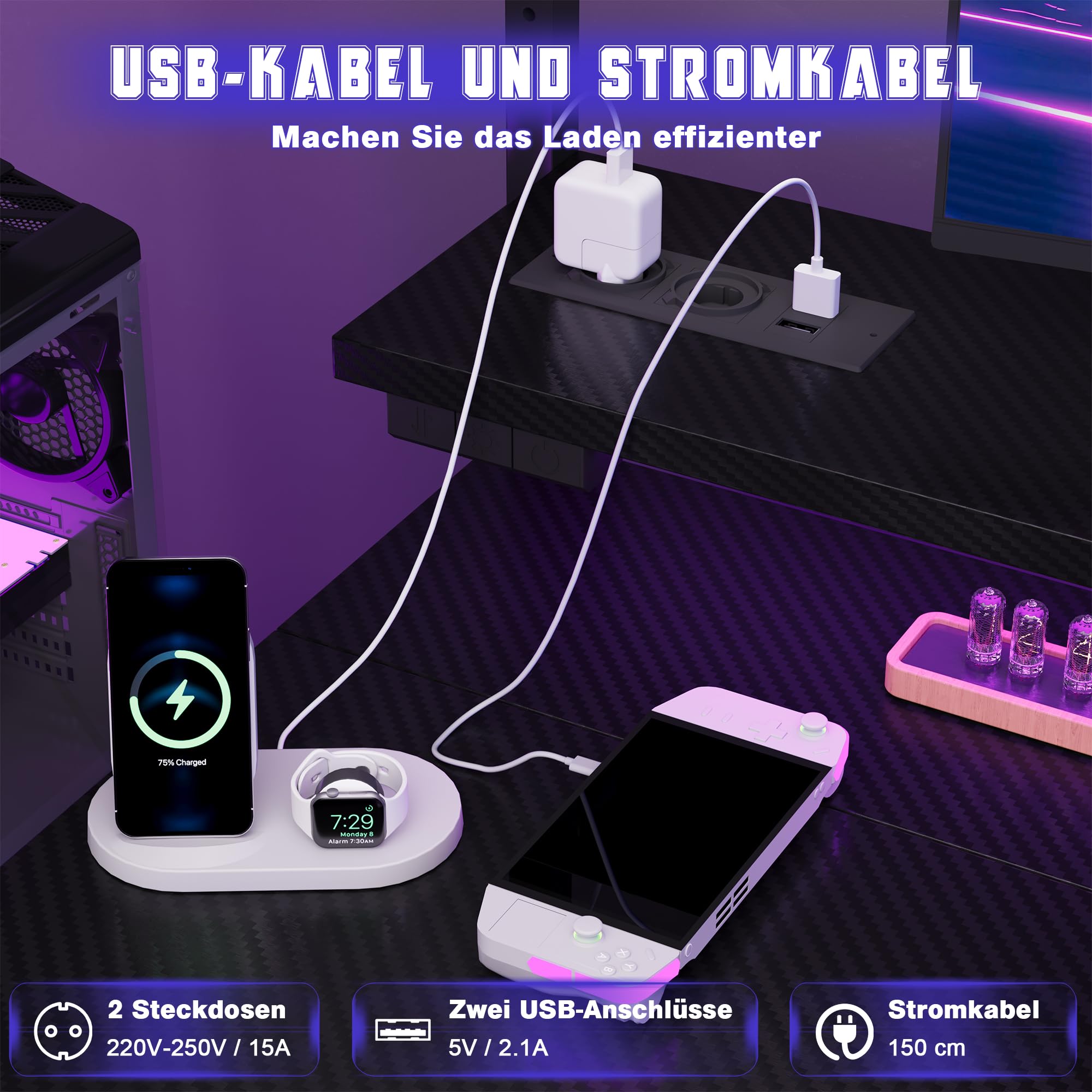 JUMMICO 140×60cm Gaming Tisch mit Steckdose & Lichtleiste, umkehrbarer computertisch mit Monitorständer, schubladen & Ablagefach, Kopfhörerhaken, Gaming Schreibtisch Carbon Fiber Schwarz