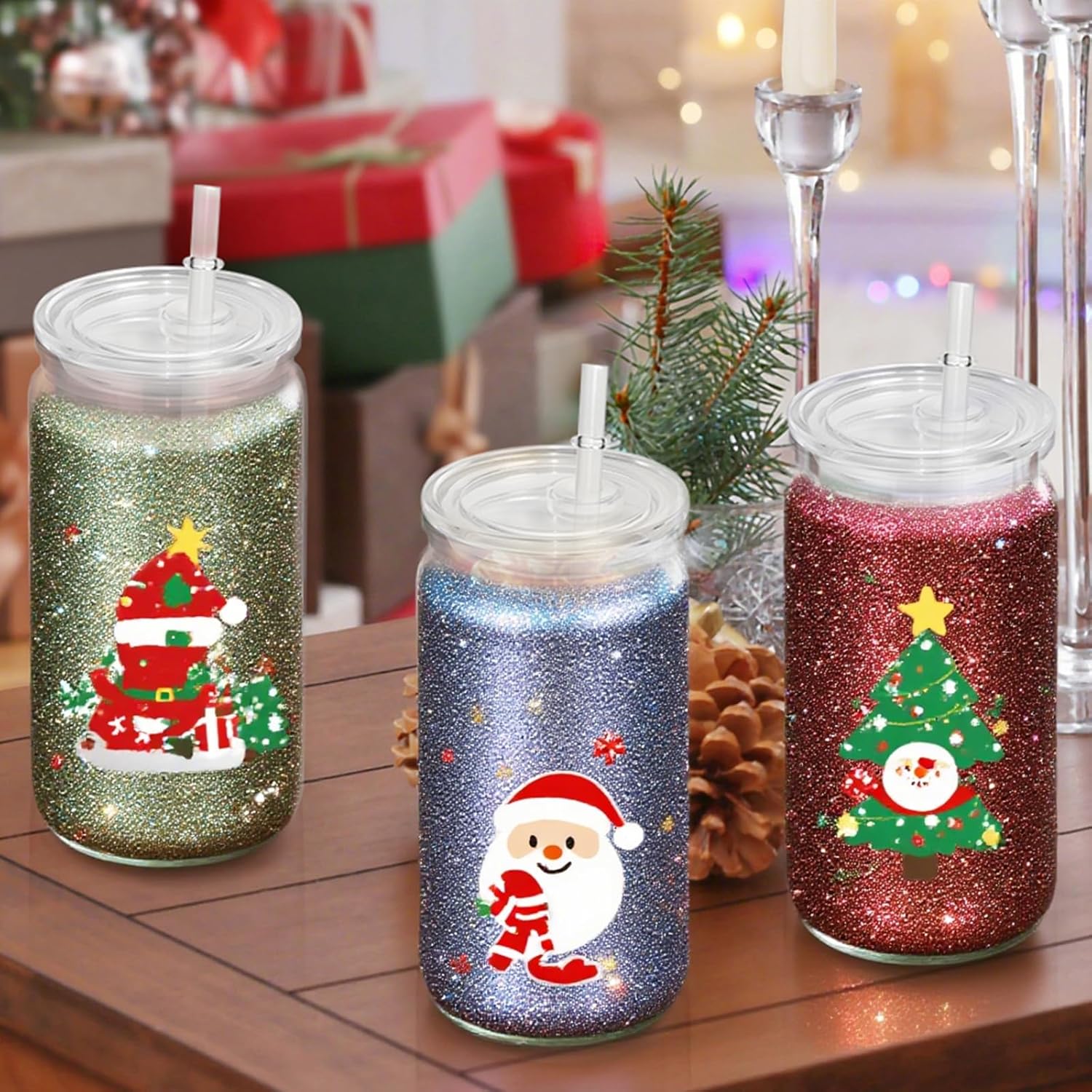 8 PCS Plastic Snow Globe Tumbler,16 oz Double Wall Tumbler with Pre Drilled Hole,Bulk Snow Globe Cups with Clear Lip and Straw,DIY Glitter Snowglobe(No gold powder) - Image 2