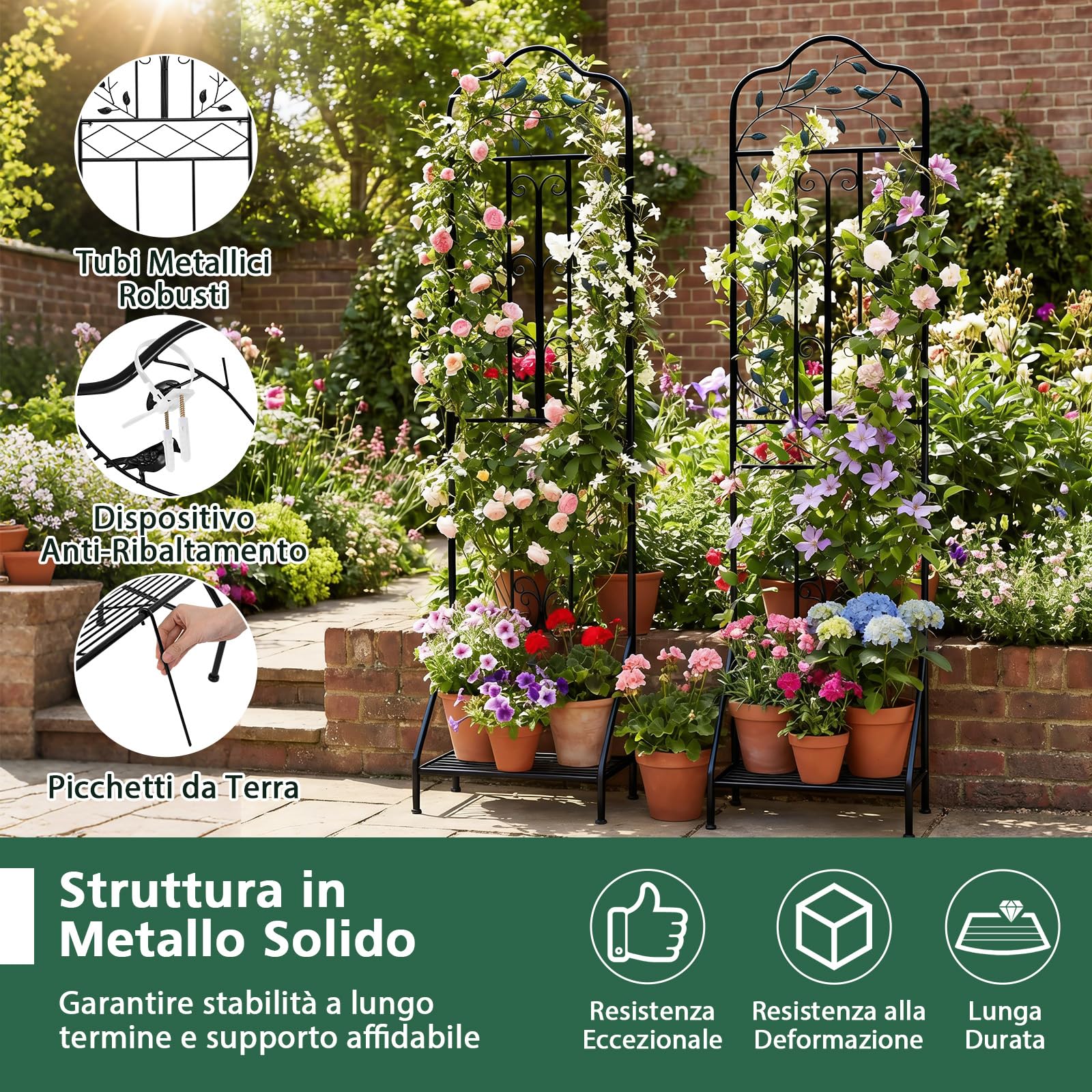 COSTWAY Traliccio per Rampicanti Metallo con Ripiano Pieghevole, Graticcio per Piante da Esterno, Griglia per Piante Rampicanti per Giardino, Cortile e Patio, 50 x 30 x 189,5 cm (Nero,1)