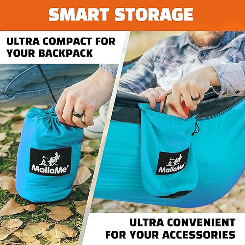 Miniatura 6 de Hamaca MalloMe para una o dos personas, para camping, set de hamaca colgante con 3 correas para árbol, hecha de nailon, es ligera, capacidad para 2