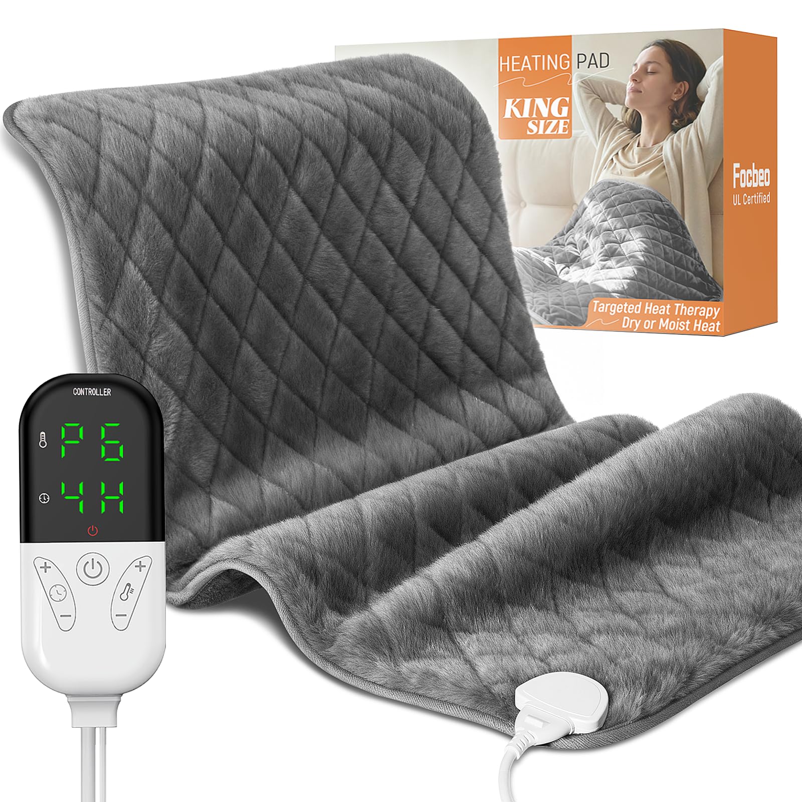 Electric Heating Pad for Pain Relief - 35"x20" King Size, Soft Velvet, Moist & Dry Heat, Adjustable Temperature, Auto Shut-Off, Machine Washable, Ideal for Back, Neck, Shoulder & Menstrual Cramps