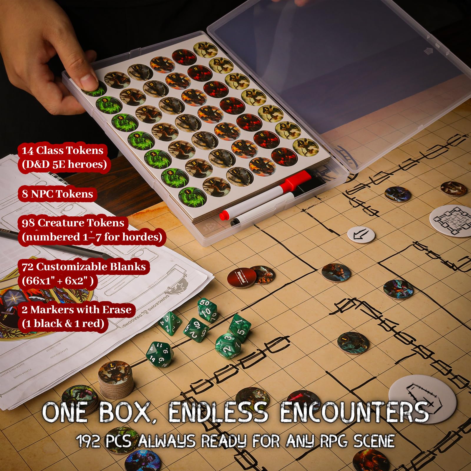 CZYY RPG Dry Erase Token Set - 192 PCS | Reusable Blank Tokens, Creature Tokens, DND 5E Class Characters with Maker Pens | Ideal for D&D, Pathfinder, TTRPGs, MTG & Board Game