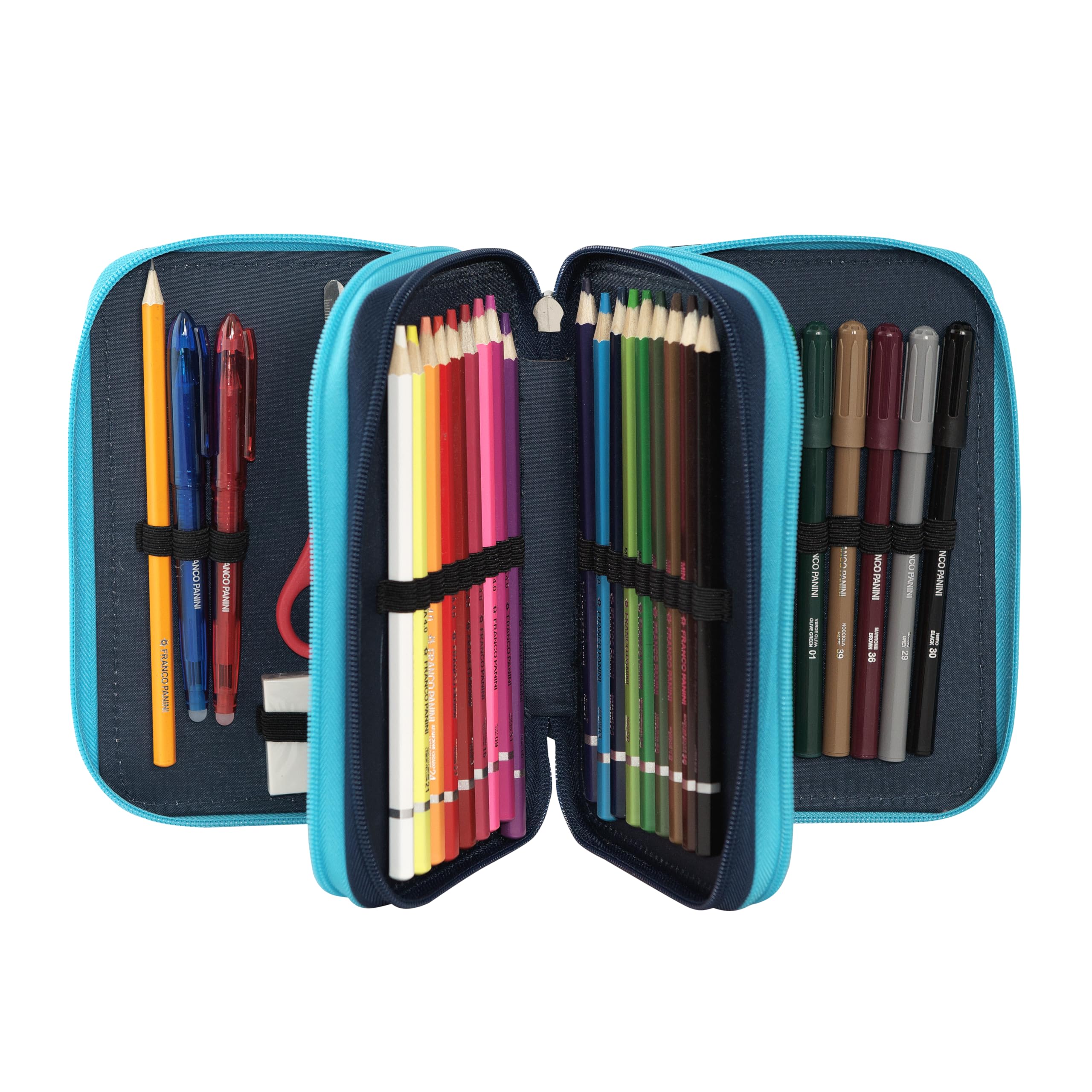 COMIX Scomix by Sio - Astuccio Scuola, Astuccio 3 Scomparti per Bambini e Ragazzi, con Set Cancelleria Incluso, 5 Etichette Adesive Portanome e Pratiche Chiusure a Zip, 20 x 13H x 7 cm, Blu