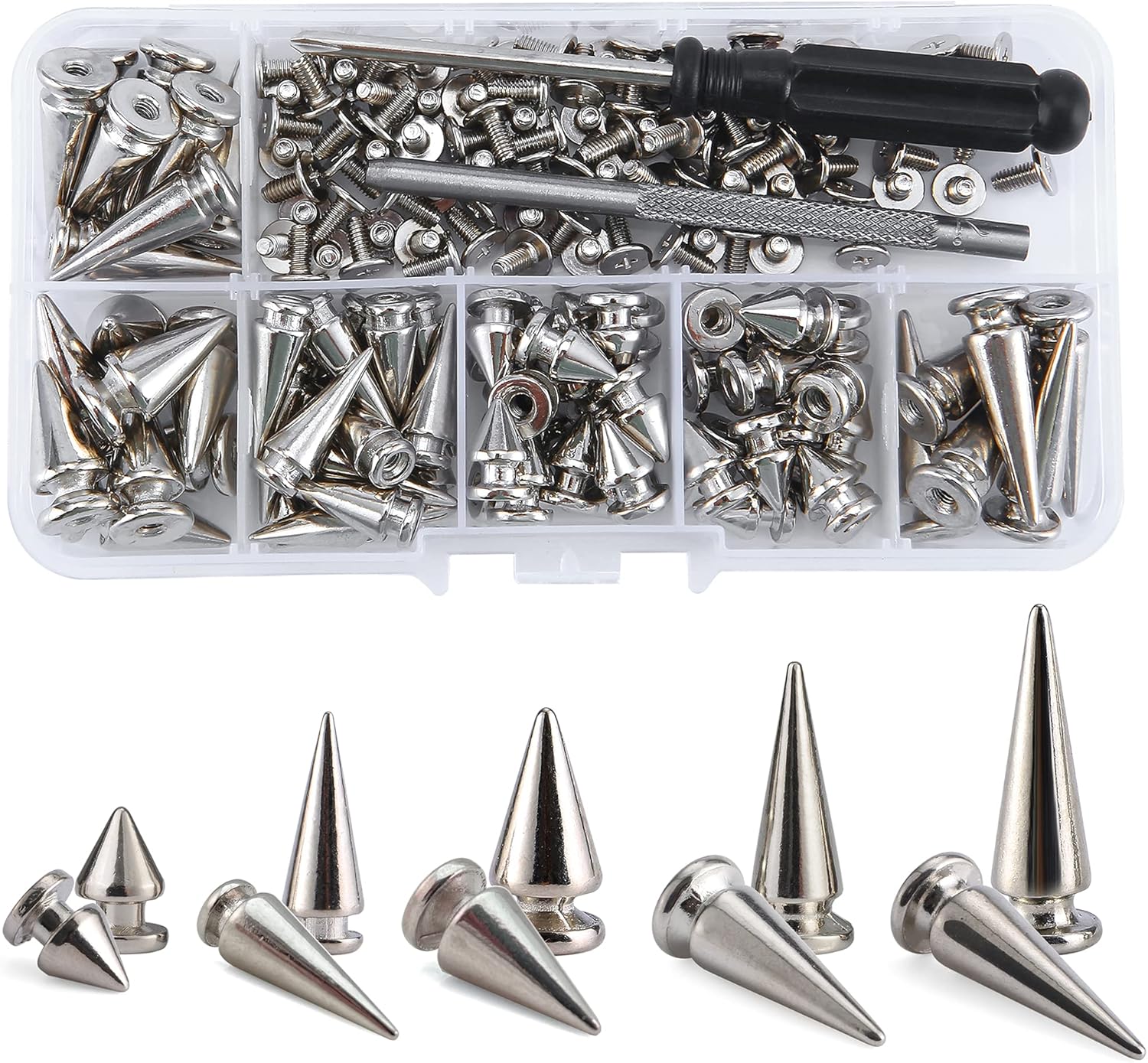 YORANYO 70 Sets Mixed Shape Spikes and Studs Assorted Sizes for Clothing – Silver Color Screw Back Bullet Tree Rivet for Leather Craft, Shoes, Belts, Bags, Dog Collars