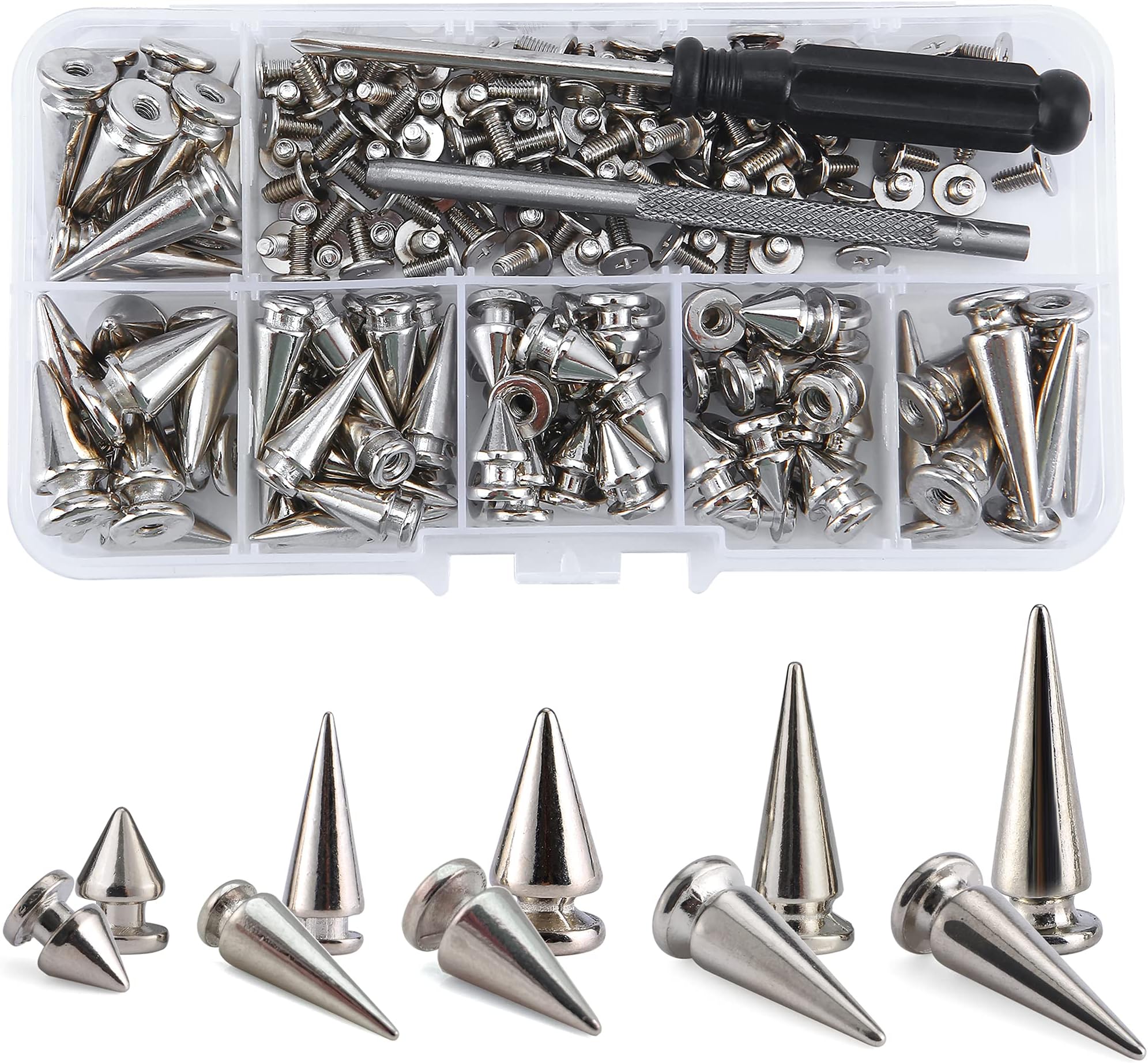 YORANYO 70 Sets Mixed Shape Spikes and Studs Assorted Sizes Spike Studs for Clothing Silver Color Screw Back Bullet Tree Studs and Spikes Rivet for Leather Craft Clothing Shoes Belts Bags Dog Collars
