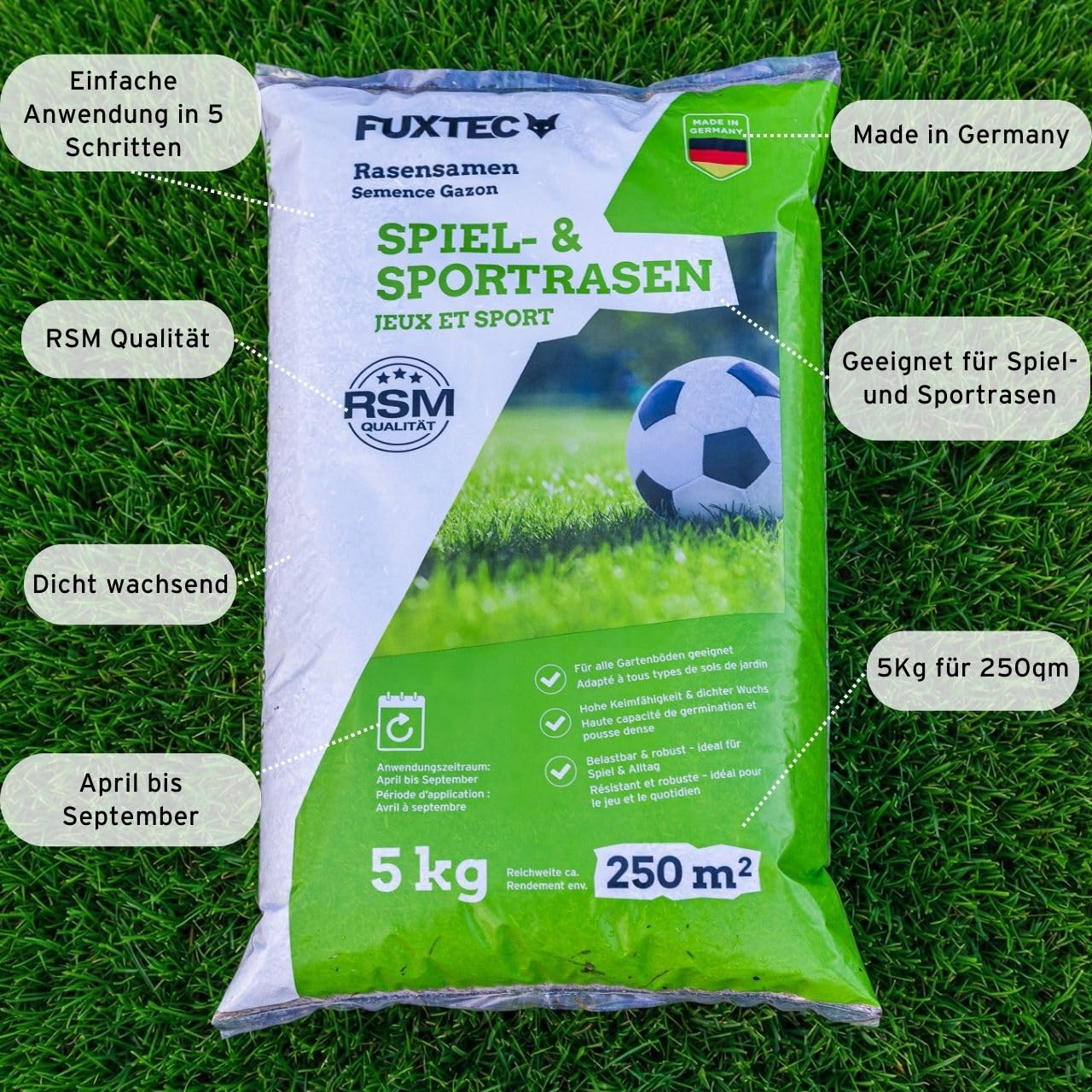 FUXTEC Rasensamen Spiel- & Sportrasen FX-RSSP5 5 kg • robuster Gartenrasen für Neuansaat und Nachsaat • Grassamen für Garten und Sportfläche • keimstarke Rasensaat • für ca. 250 m²