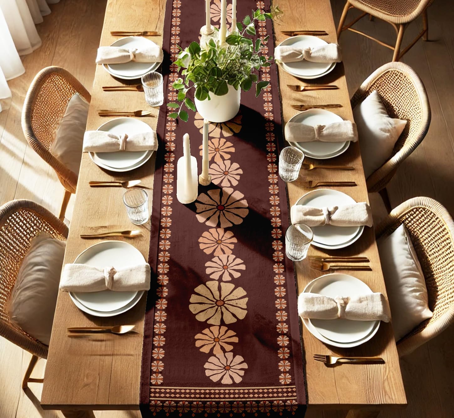 Floral Design Cotton Table Runner by Vargottam - Double Layer with Border - Washable Runner - Decorative Table Linen for Dining & Everyday Use