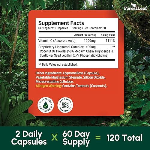 Vista 6 de ForestLeaf Vitamina C liposomal - VIT C - Vitamina C liposomal - Vitamina C liposomal 1000 mg - Cápsulas de vitamina C - Refuerzo inmunológico