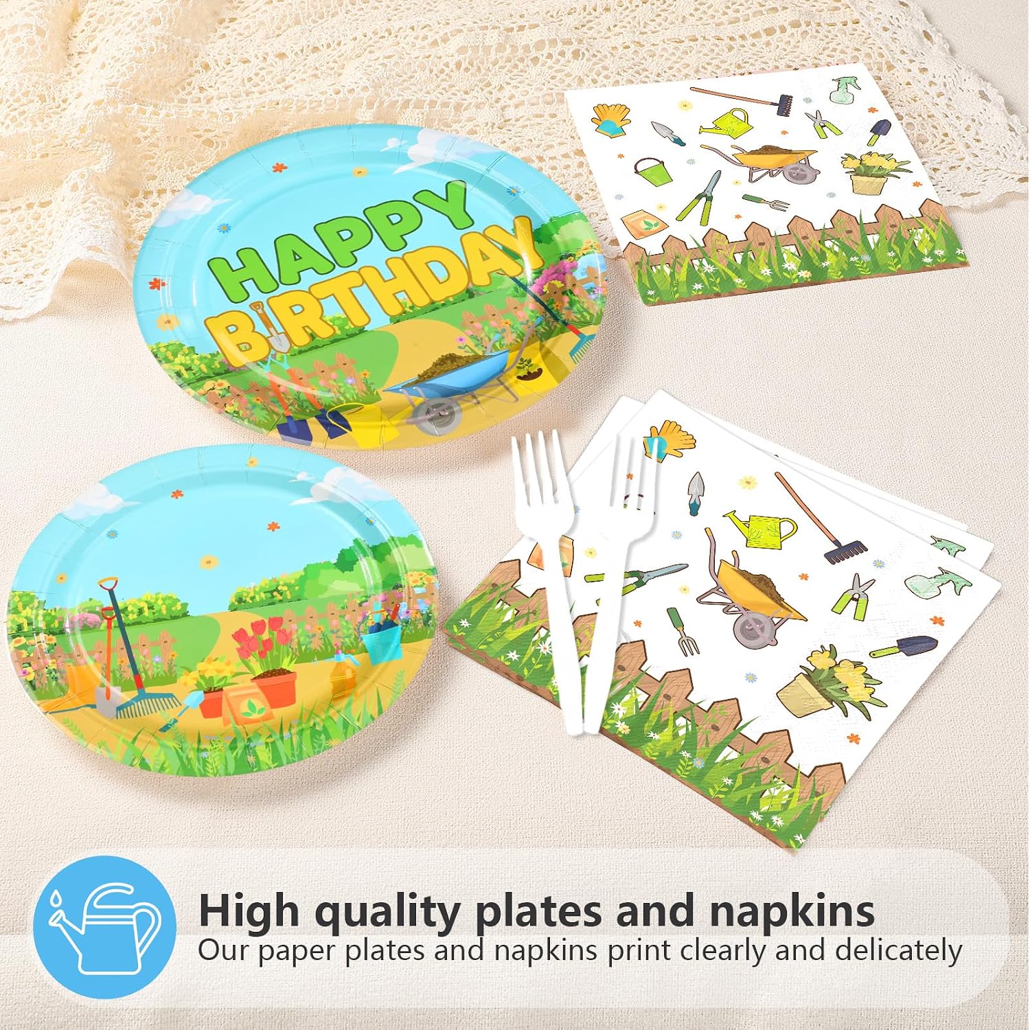 96Pcs Garden Birthday Decorations Gardening Tools Plates and Napkins Gardener Birthday Decoration Favors for Kids Plant Mom Plant Lady Garden Theme Bday Spring Party Supplies Serves 24