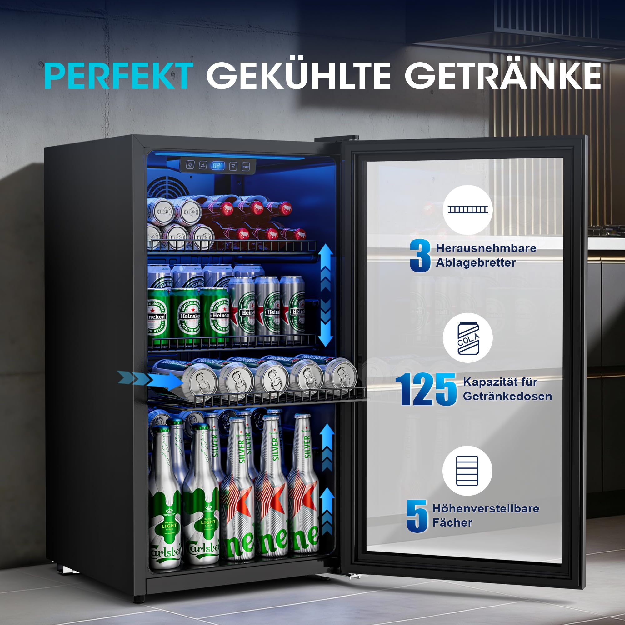 JUMMICO 90L Getränkekühlschrank mit Glastür, 125 Dosen Kapazität, verstellbare Regale, Kompakt-Design