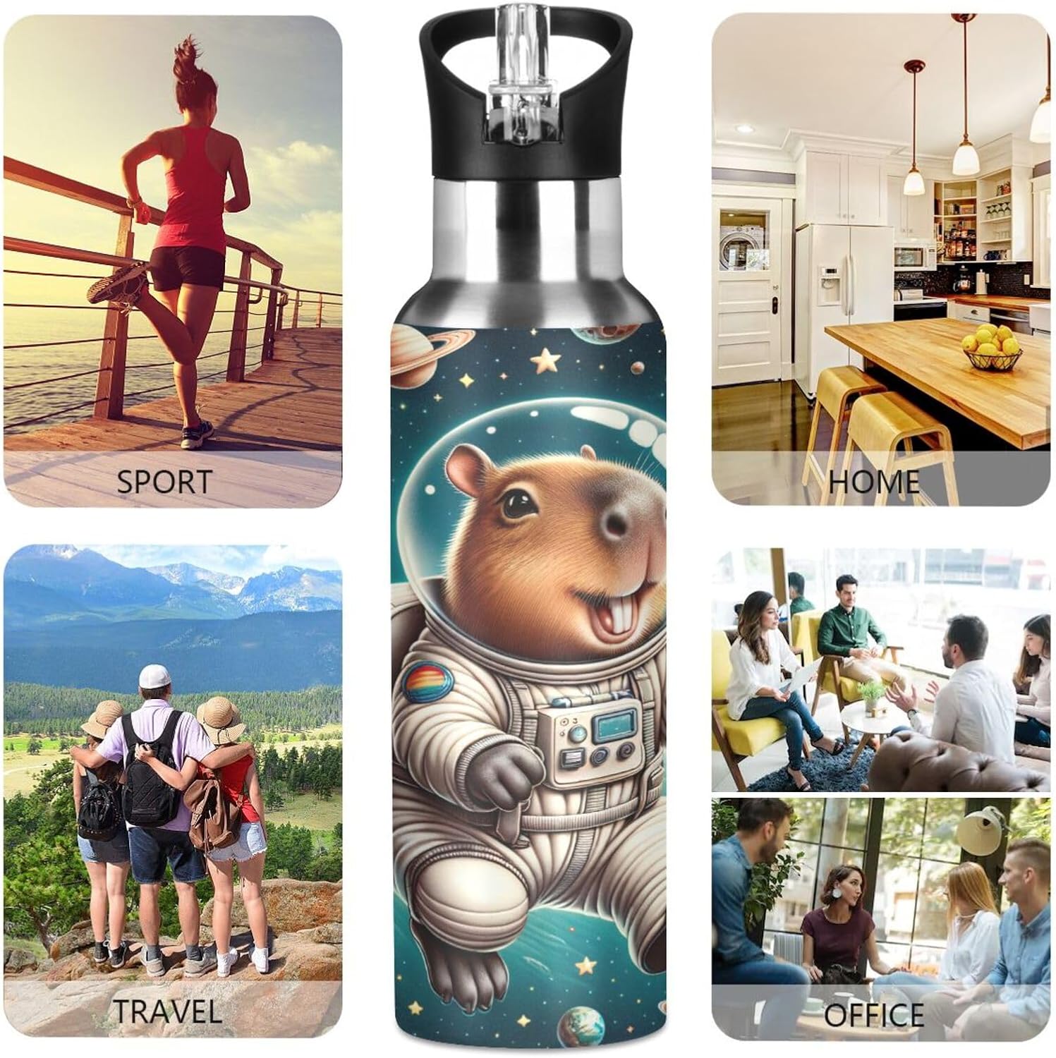 Space Capybara Cartoon Water Bottles Leakproof & BPA-Free Stainless Steel Insulated Water Bottle with Straw Lid for Sports, Gym, Outdoor, 32 OZ