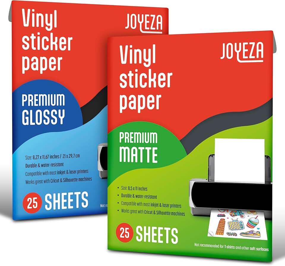 Premium Printable Vinyl Sticker Paper for Inkjet Printer - 25 Matte + 25 Glossy Sheets White Waterproof, Dries Quickly Vivid Color