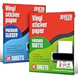 JOYEZA Premium Printable Vinyl Sticker Paper for Inkjet Printer - 25 Matte + 25 Glossy Sheets White Waterproof, Dries Quickly Vivid Colors, Holds Ink well- Tear Resistant - Inkjet & Laser Printer