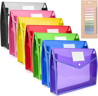7 Pack A4 Plastic Wallets, Plastic File Folders & 200 Stickers Plastic Document A4 Folder Waterproof Pockets Files Envelope with Snap Closure Card Slot Expanding File Folder A4 for School Office Home