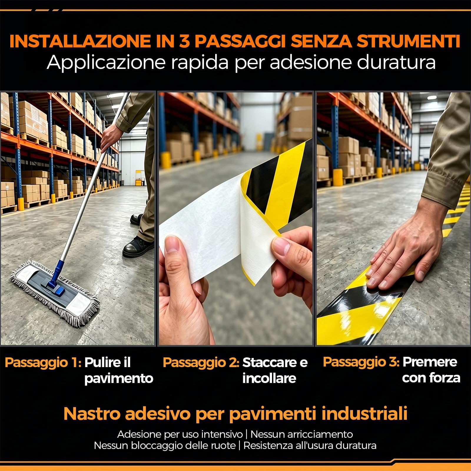 Nastro Segnaletico da Pavimento Extra Spesso 1,1 mm, 50 mm x 30 m, Alta Adesione, Nero/Giallo, Antiusura per Magazzino, Officina e Industria
