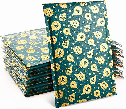25 Pack Christmas 7x10 inch Poly Bubble Mailers Padded Envelopes Retailer Holiday Shipping Bags with Waterproof Self Seal Strip Bell, 7x10 inch