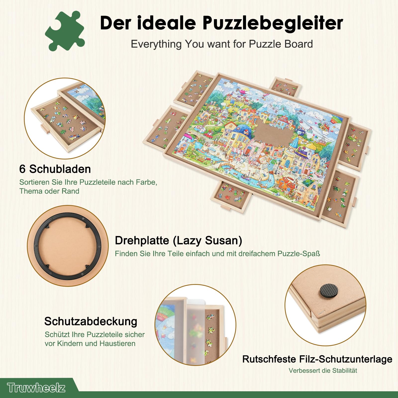 1500-elementowa obrotowa układanka z 6 szufladami i pokrywą, przenośny drewniany stół do układanek,64x 87cm dla dorosłych, obrotowa układanka Lazy Susan, prezent świąteczny dla mamy