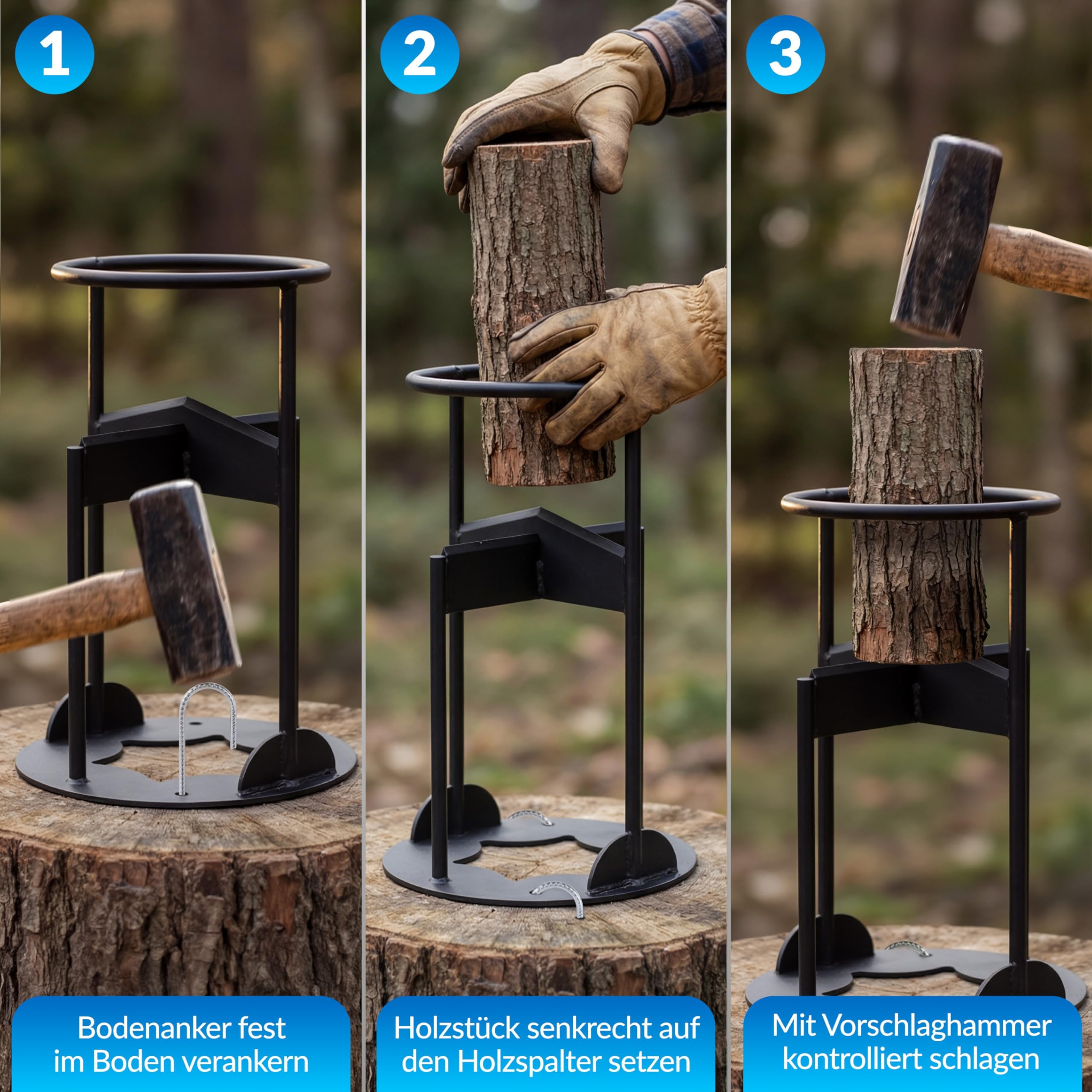Manuelles Holzspalter Set – Handholzspalter mit Bodenanker, Transportnetz und Schleifstein – Sicher Holz spalten ohne Strom – Taunus Woodmasters
