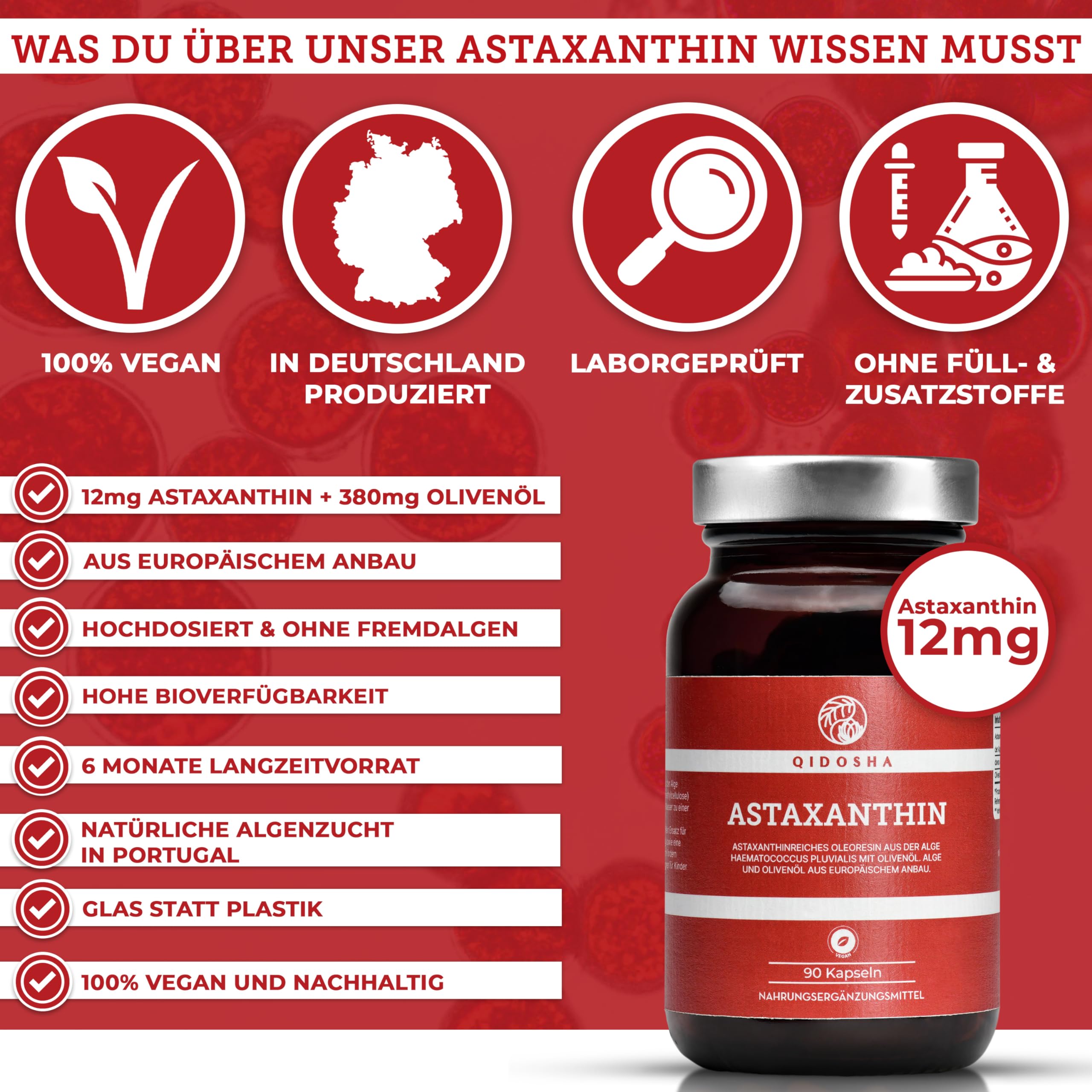 QIDOSHA® Astaxanthin 12 mg aus EU-Rohstoffen & Olivenöl, 90 vegane Kapseln im Apothekerglas, flüssiges Astaxanthin aus portugiesischer Algenzucht