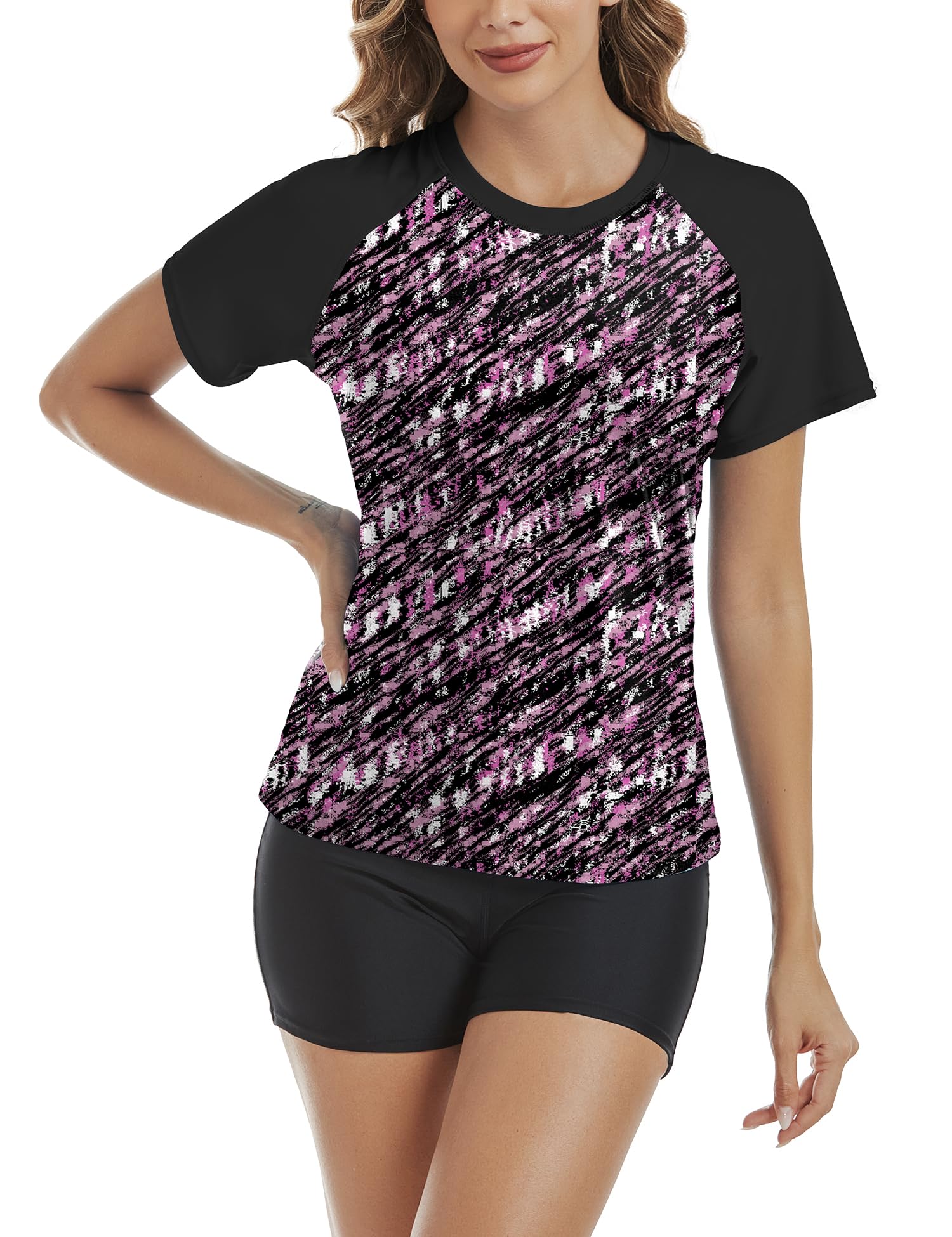 Bonneuitbebe Women's 2 Piece Rash Guard Short Sleeve UPF 50+ Swim Shirt Built in Bra Bathing Suit with Boyshorts Bottoms