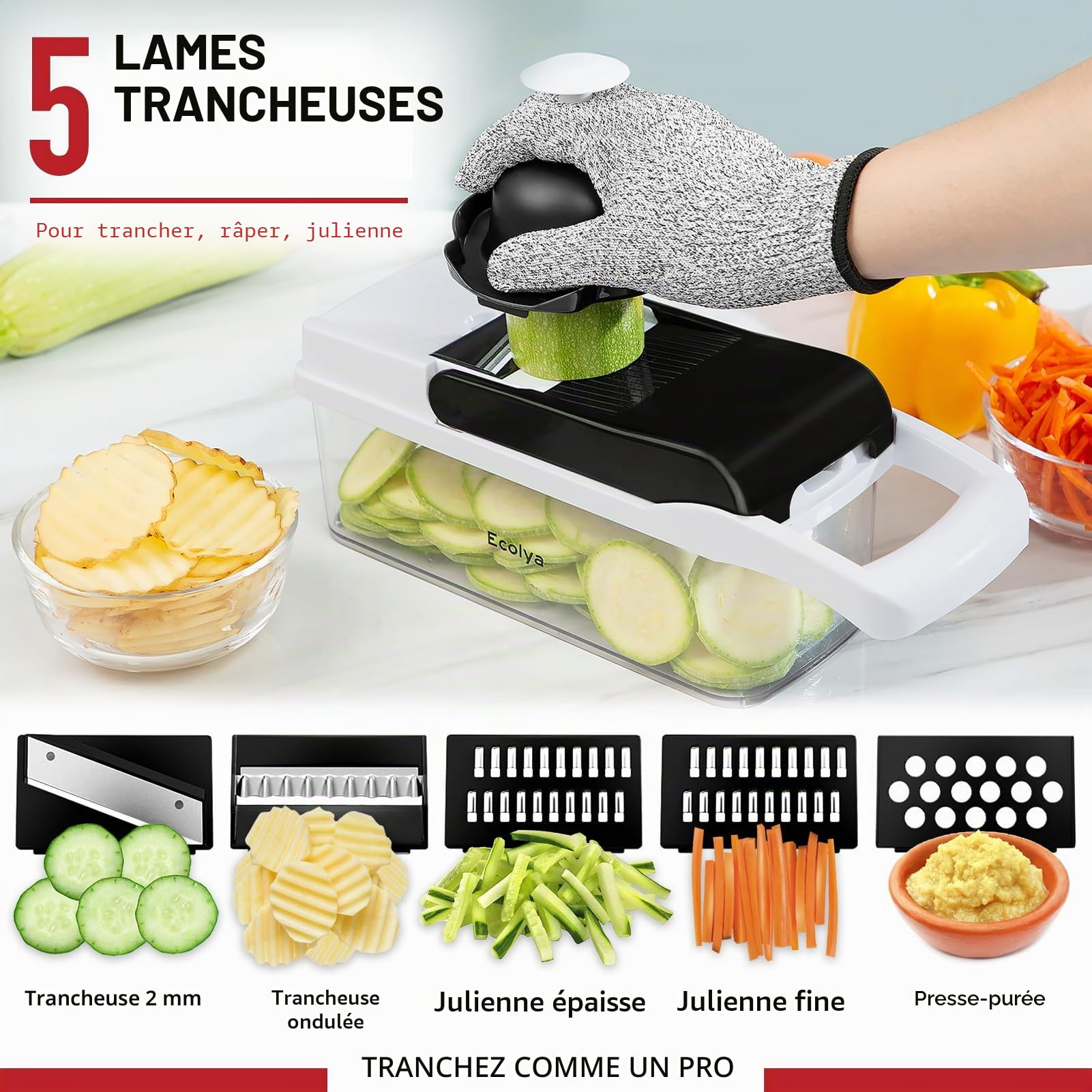Hachoir à légumes et mandoline 25 en 1 - Hachoir alimentaire avec récipient et coupe-légumes - Coupe-légumes, coupe-légumes et trancheuse pour salade, oignon, pomme de terre et tomate - Gadget de