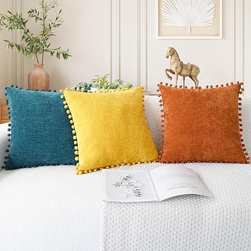 Miniatura 5 de CaliTime Juego de 2 fundas de almohada de felpilla suave teñida con pompones para sofá, decoración del hogar, 12 x 12 pulgadas, color naranja quemado