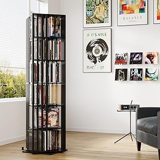 6 Tier Rotating Bookshelf, 360° Spinning Narrow Bookcase Tower, Space Saving Floor Standing Wood Shelf & CD Organizer for Small Spaces, Bedroom, Living Room, Office (Black, 6-Tier)