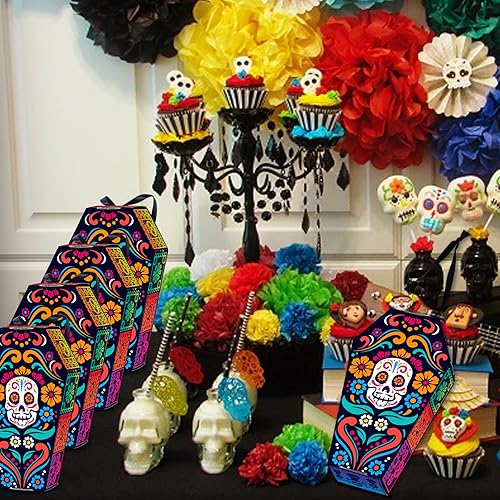 Miniatura 7 de HOMEZZO 24 cajas de ataúd del Día de los Muertos, cajas de regalo de papel de ataúd de calavera de azúcar, cajas de regalo para decoración de fiesta