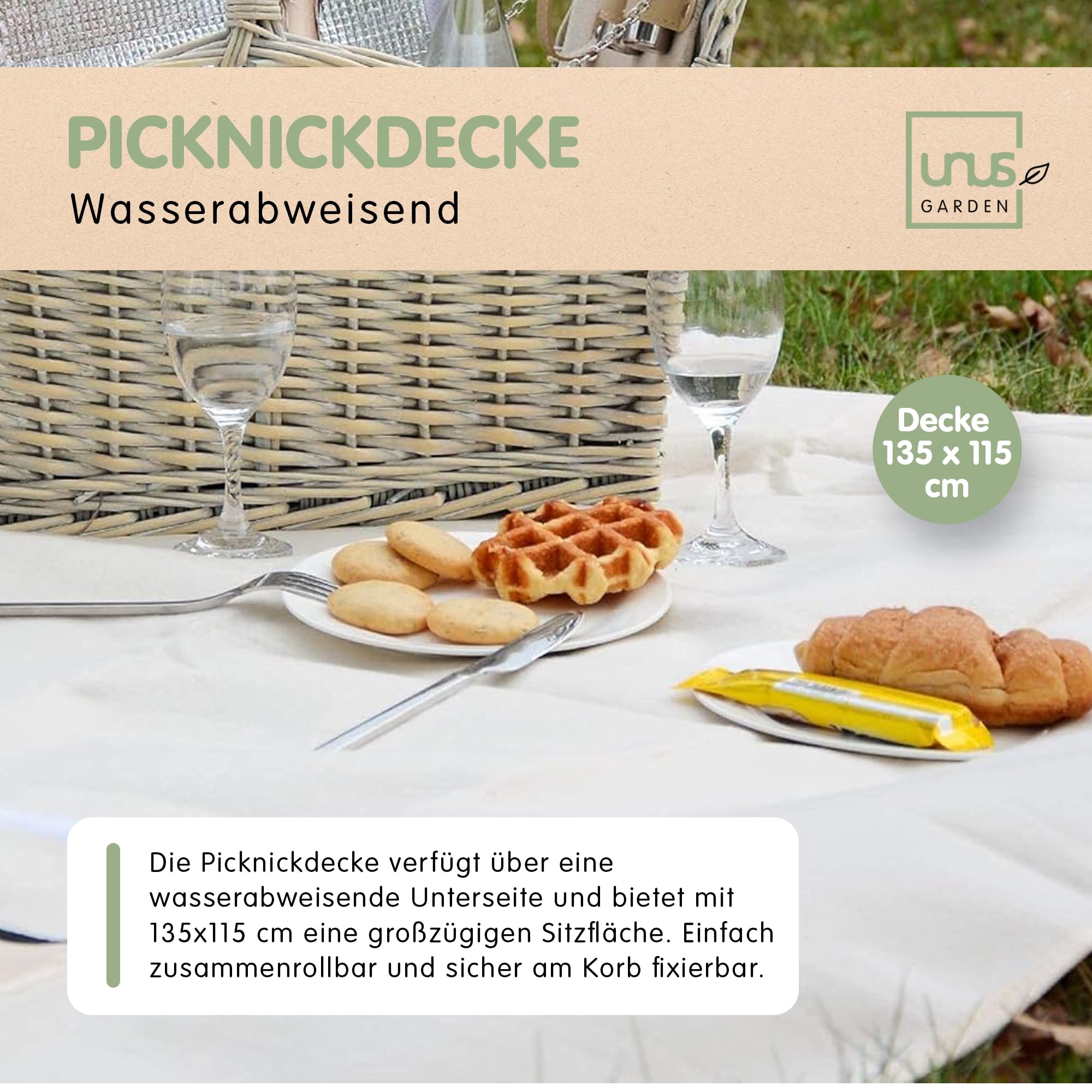 Set da picnic per 2 persone con cestino termico, coperta 135x115 cm, posate e stoviglie, grigio e beige