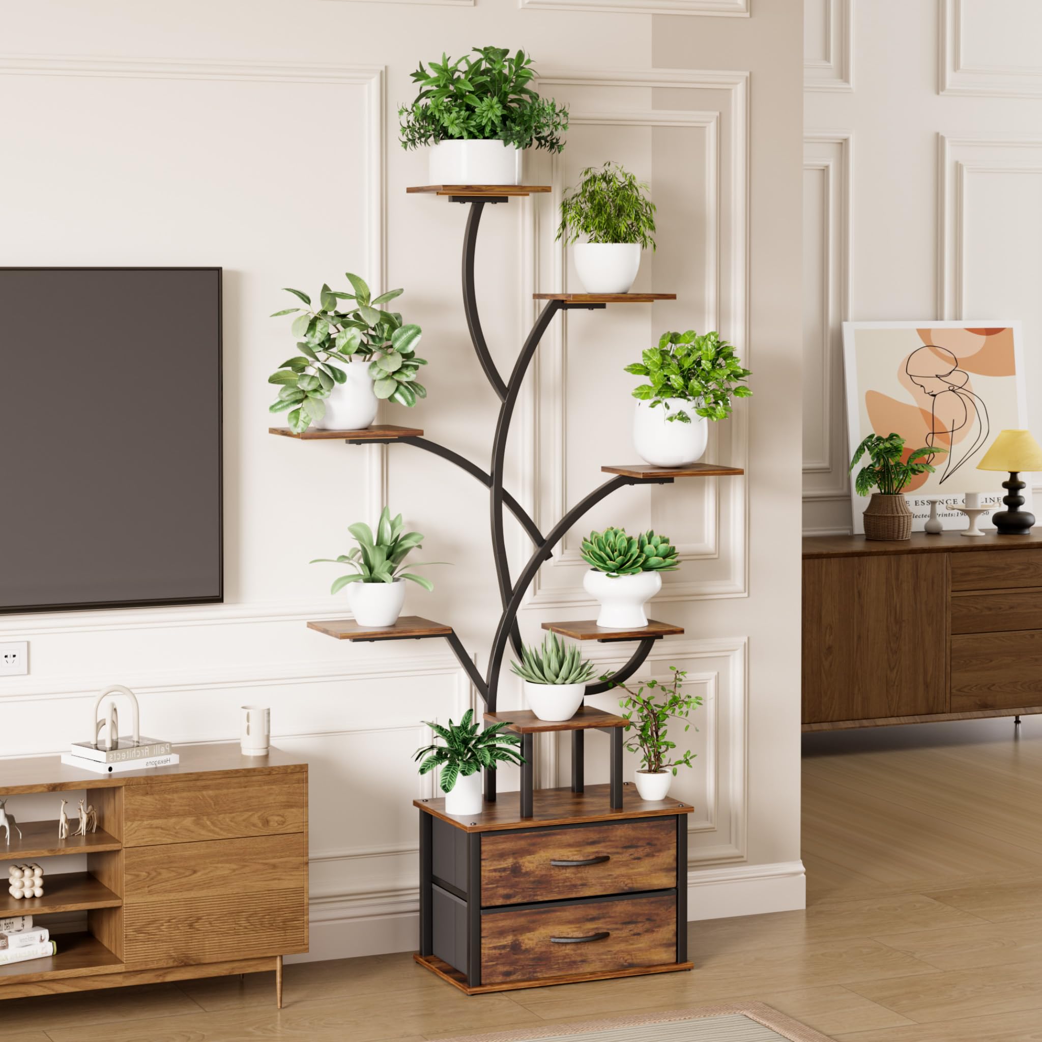 Mondeer Support de Plantes d'Intérieur avec Lumières de Croissance, Étagère d'Angle 9 Niveaux 160 cm avec 2 Tiroirs de Rangement, Luminosité Réglable & Minuterie, Présentoir Moderne pour Plantes - Sal