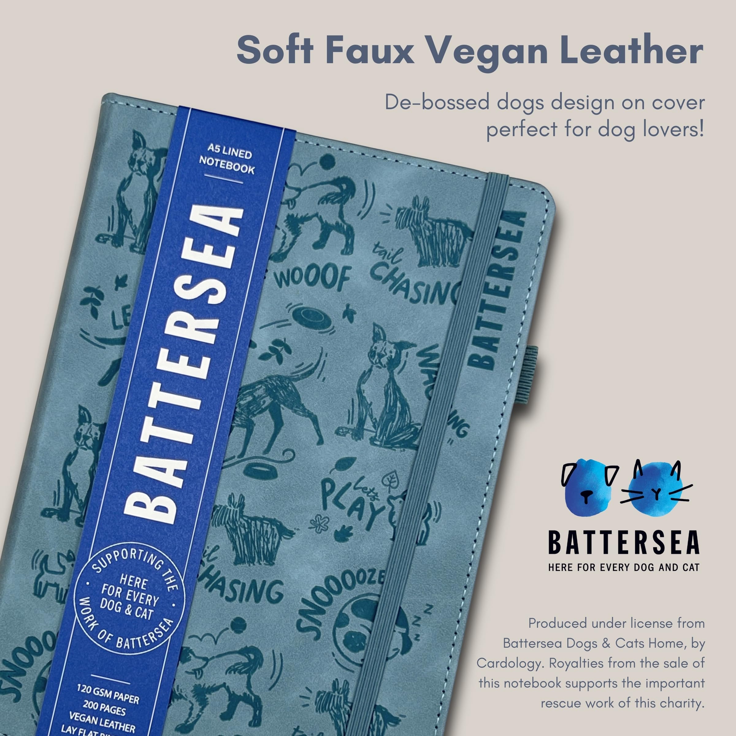 Cardology Battersea Dogs A5 Lined Journal Notebook | Soft Vegan Leather, Debossed Dog Cover in Dusky Blue, Lay-Flat Design, 120gsm thick paper and 200 pages, Charity Stationery Gift for Dog Lovers - Image 3