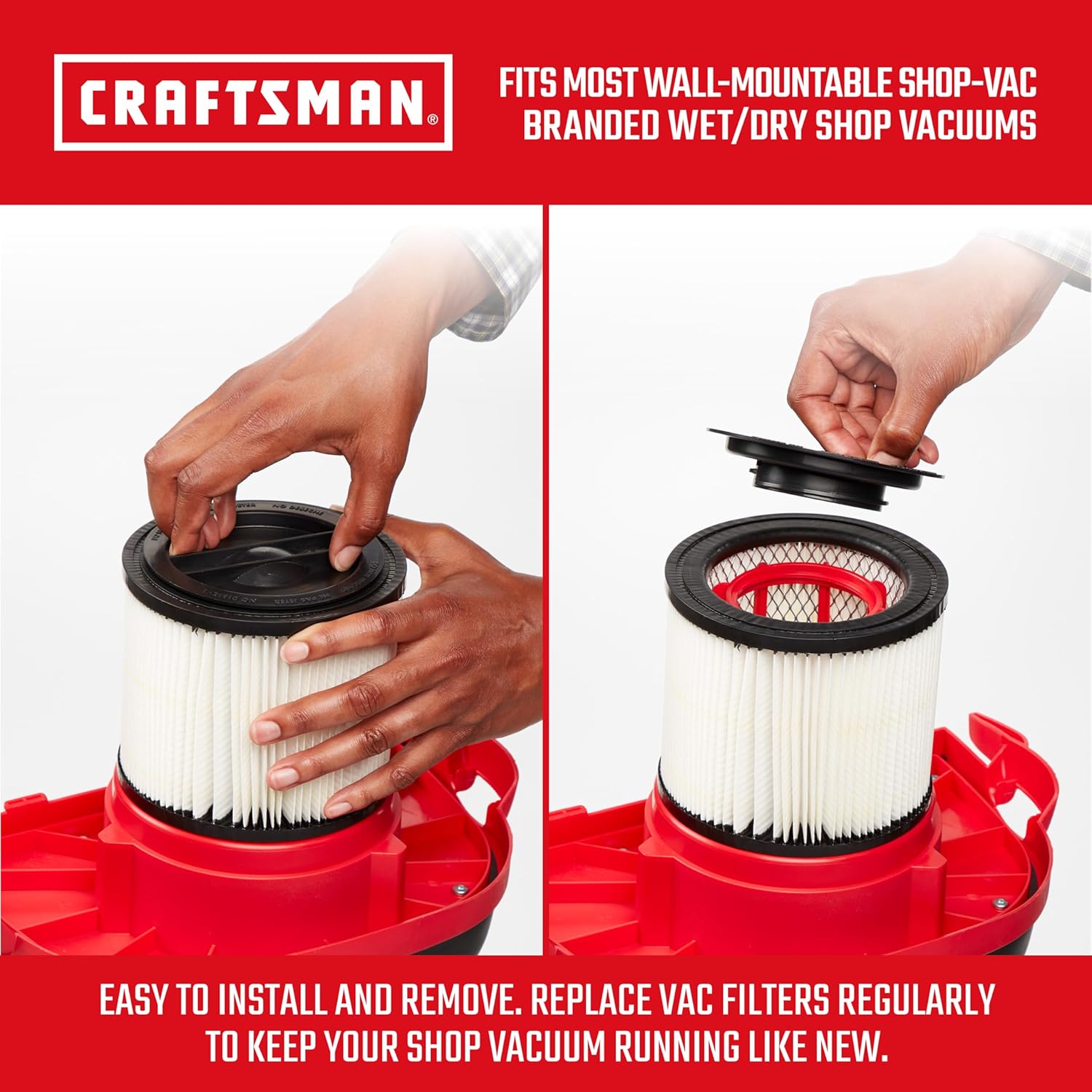 CRAFTSMAN CMXZVBE38752 General Purpose Wet Dry Vac Replacement Vacuum Filter for Most Wall-Mount Shop-Vac Branded Shop Vacuums, Friction Fit Installation, Traps General Debris