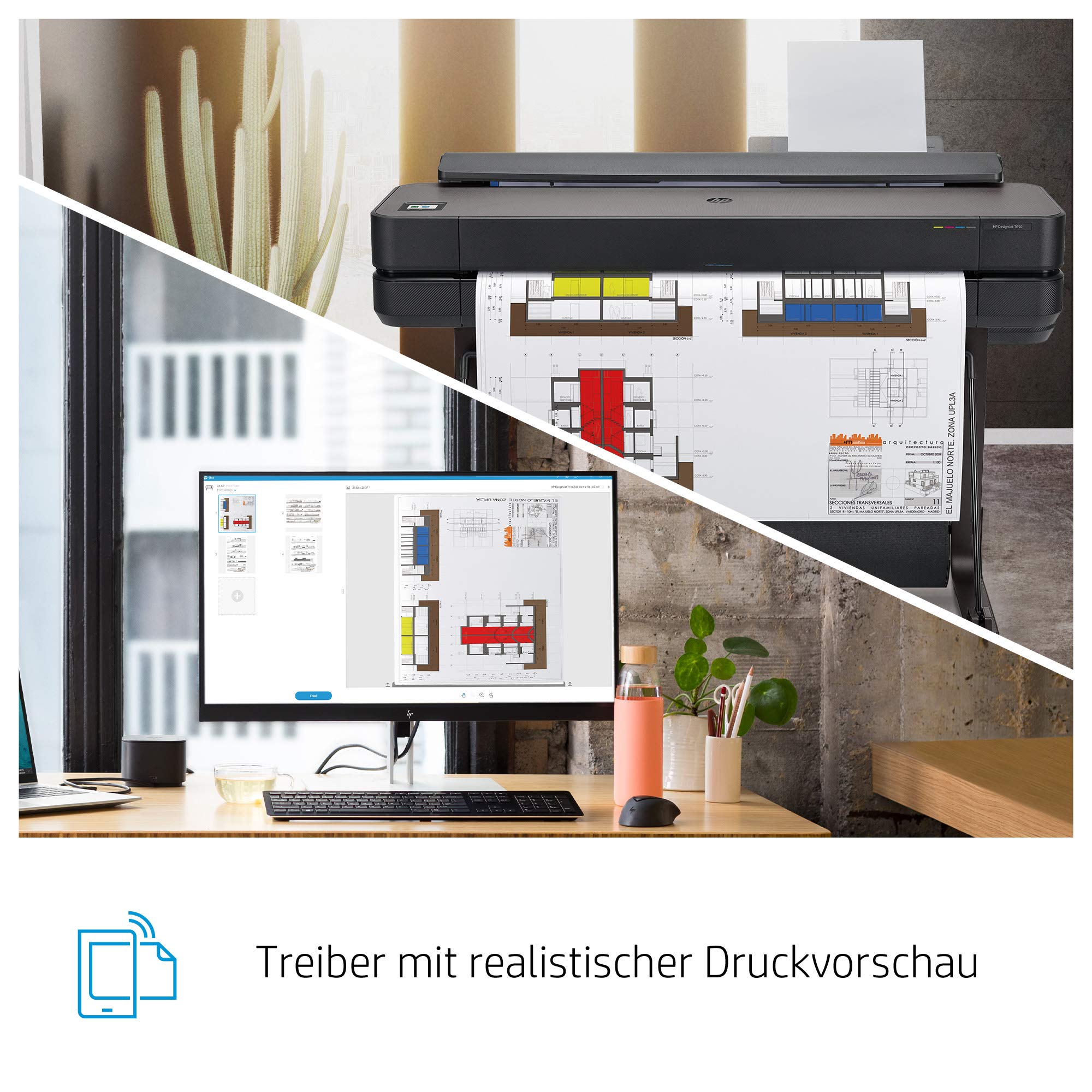 HP DesignJet T630 Großformatdrucker, 24 Zoll, bis zu A1, mobiles Drucken, Wi-Fi, Gigabit Ethernet, Hi-Speed USB 2.0, 1 Jahr Garantie (5HB09A), Schwarz