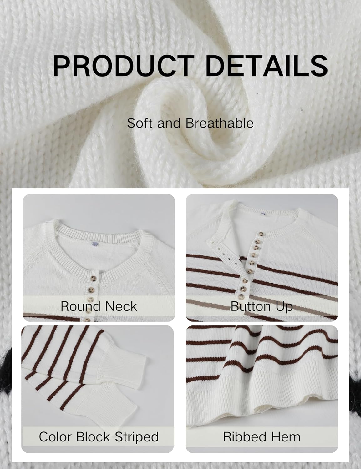 Hongsui Women's Color Block Striped Sweaters Button Up Crewneck Pullover Ribbed Knit Sweater Tops - Image 7