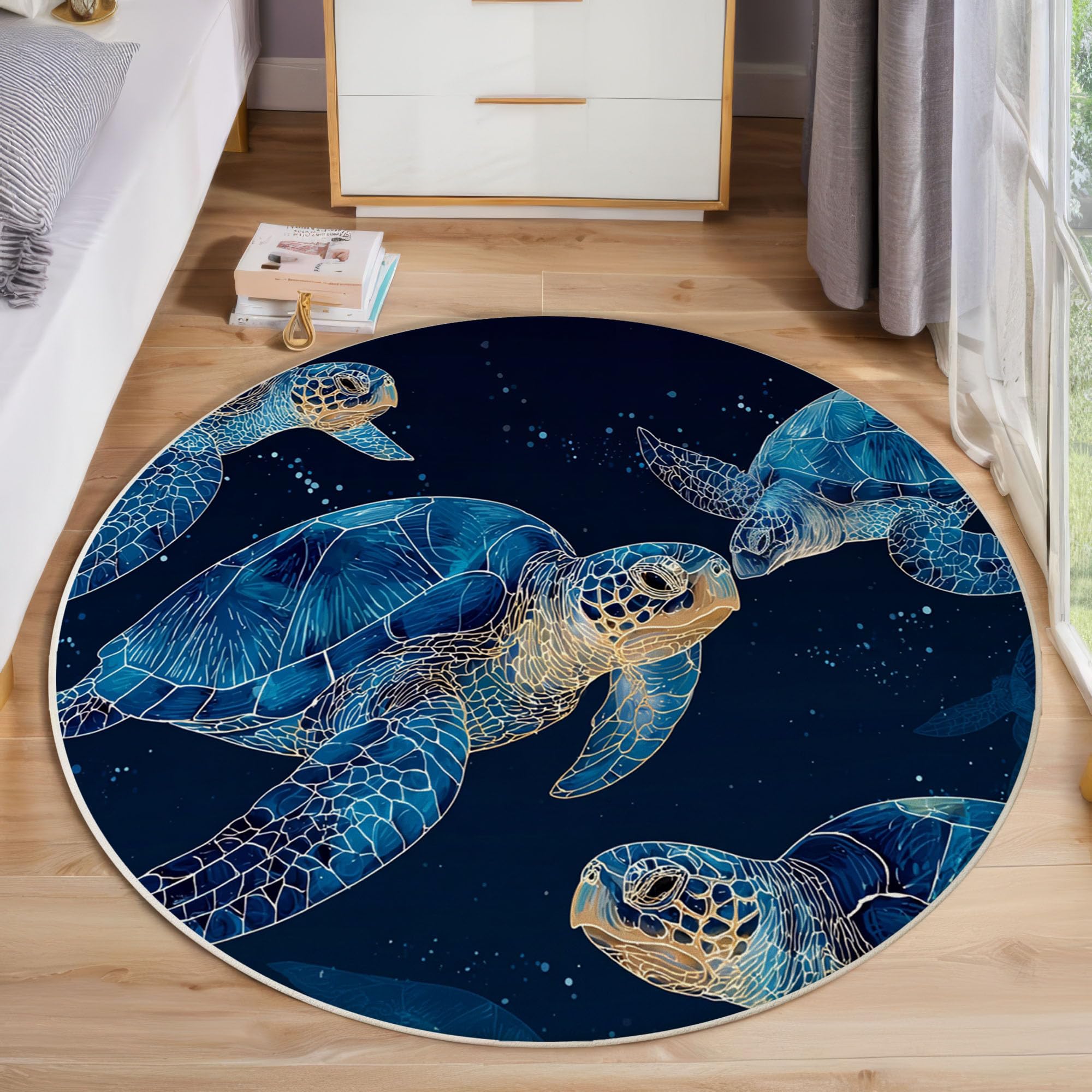 Tapis rond tortue lavable et antidérapant bleu royal grand format 200cm
