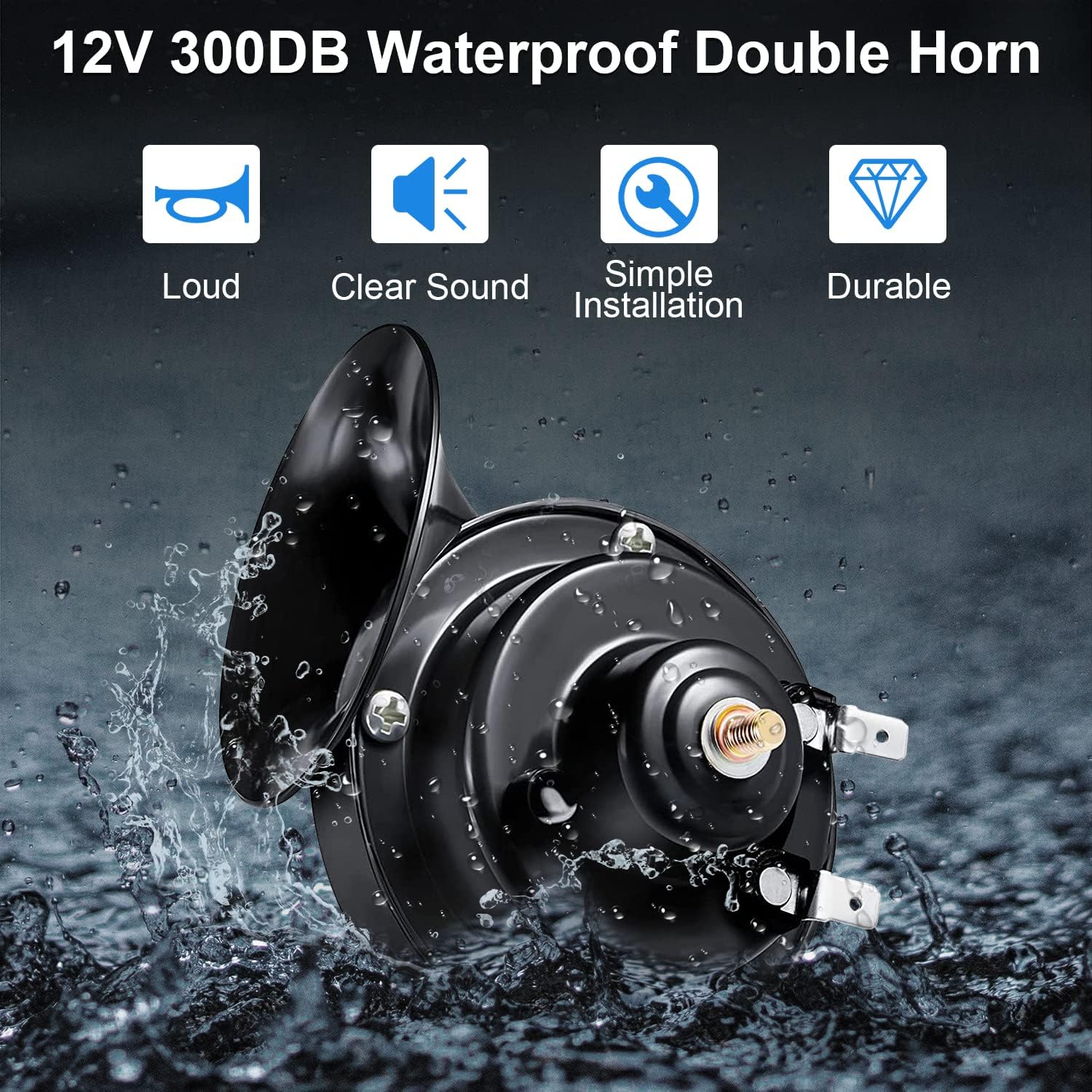 Car Horn, 12V Truck Horn 300DB Loud Motorcycle Horn Waterproof Auto Horn Train Horns Waterproof High Low Tone Universal Fit Super Loud Electric Snail Horn Replacement Car Horns-2 PCS Included