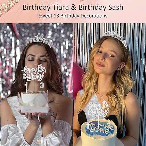 Miniatura 8 de Hapdoo Decoraciones de cumpleaños número 13 para niñas, incluyendo tiara de corona de diamantes de imitación, banda oficial de purpurina para