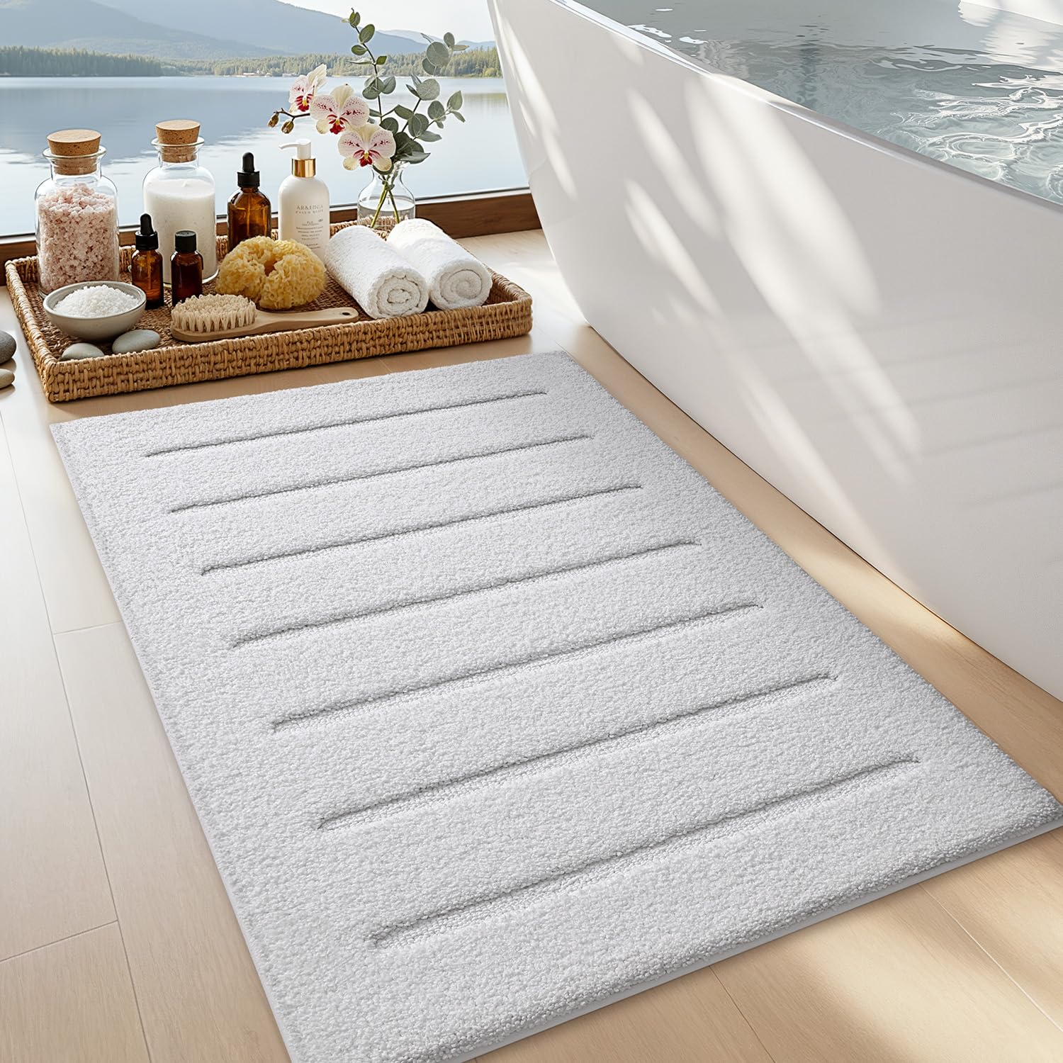 LUMI Soft Absorbent Bathroom Rugs Non Slip Bath Mats for Bathroom Fluffy Thick Striped Bath Rug with Washable