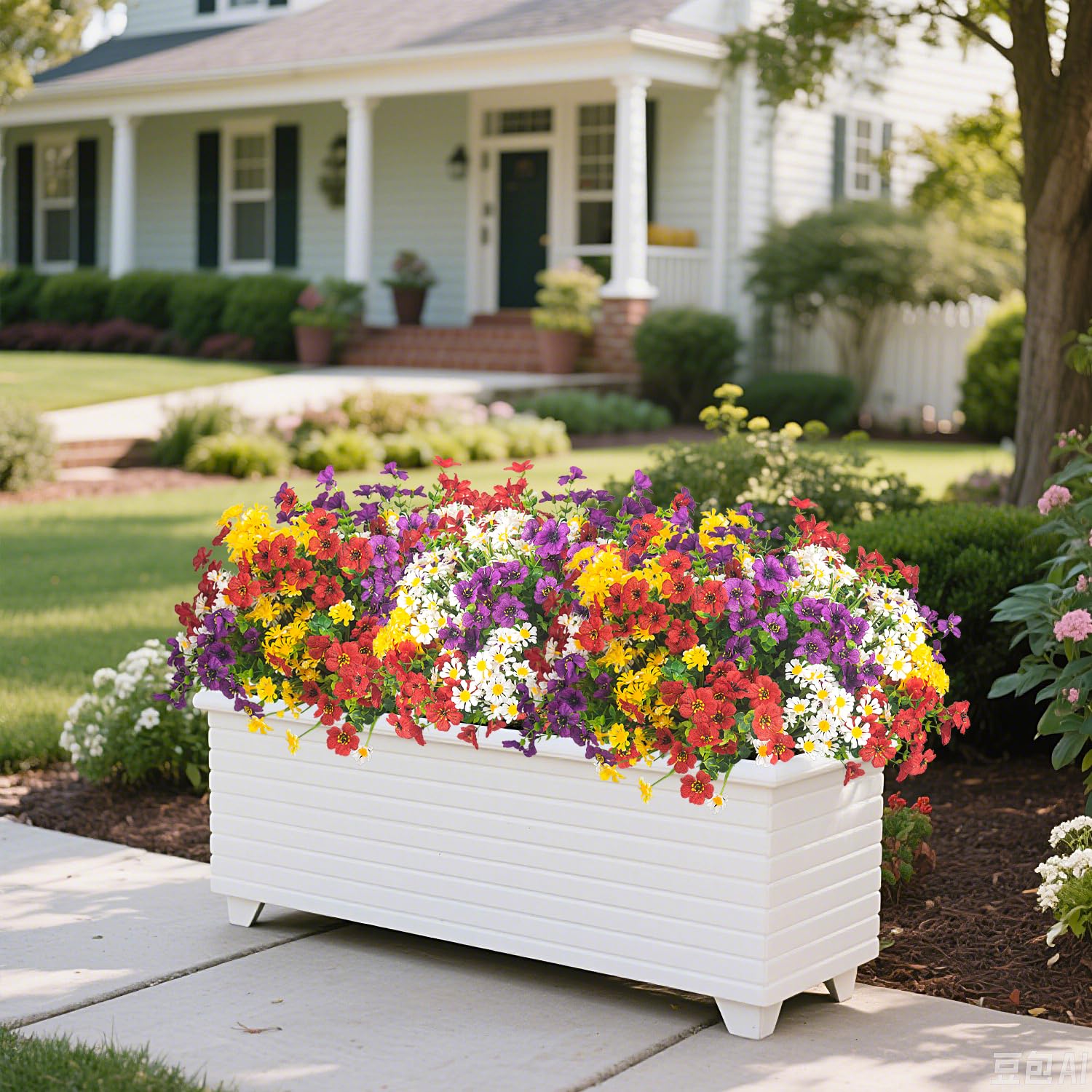 AITISOR Künstliche Blumen für den Außenbereich, UV-beständig, realistische Kunstpflanzen mit bunten Gänseblümchen für Veranda, Terrasse, Hof, Garten, Frühlingsdekoration (Blumenkasten und Pflanzgefäße